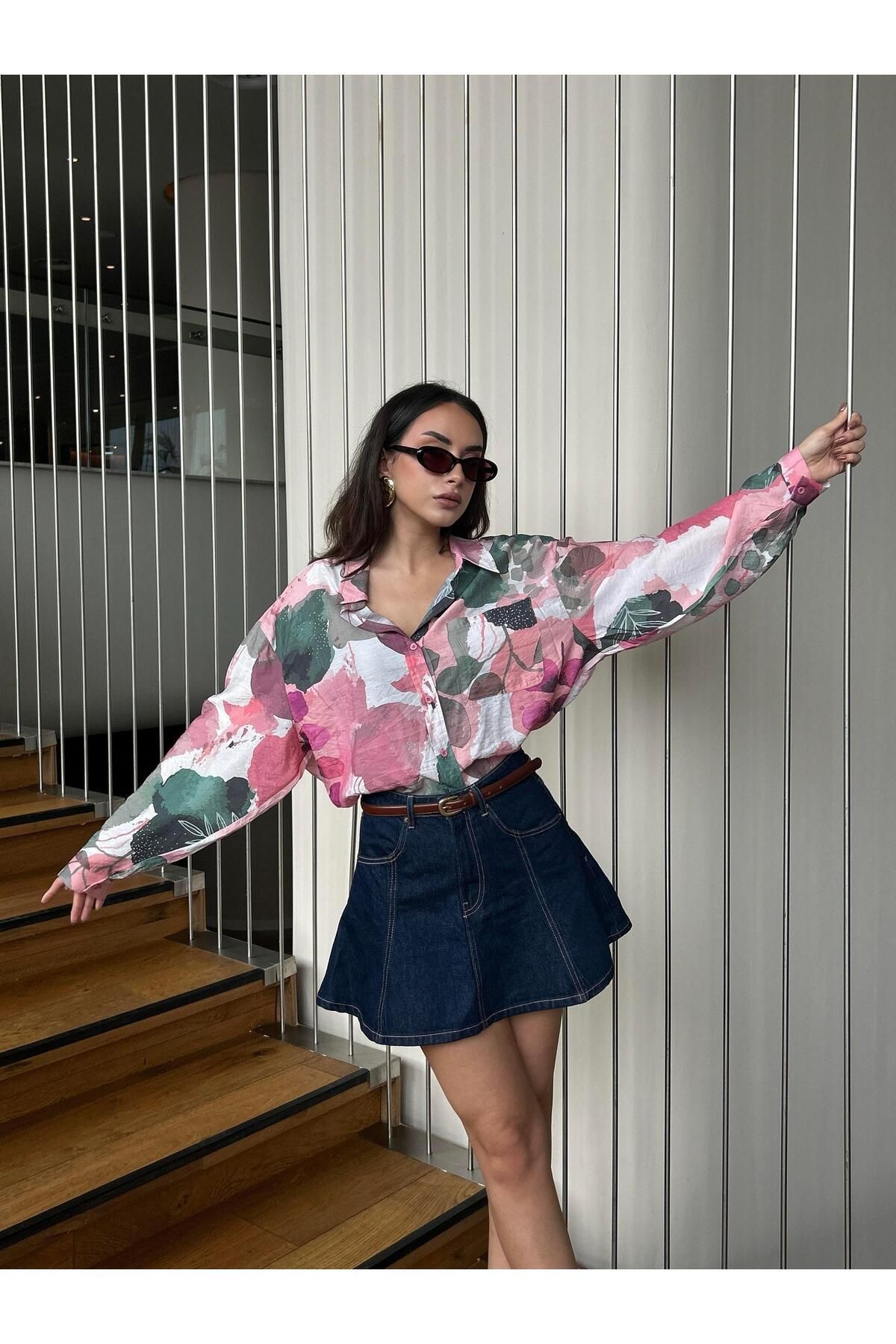 minaaise Kadın Pembe Mango Kumaş Desenli Cepli Oversize Gömlek 29084