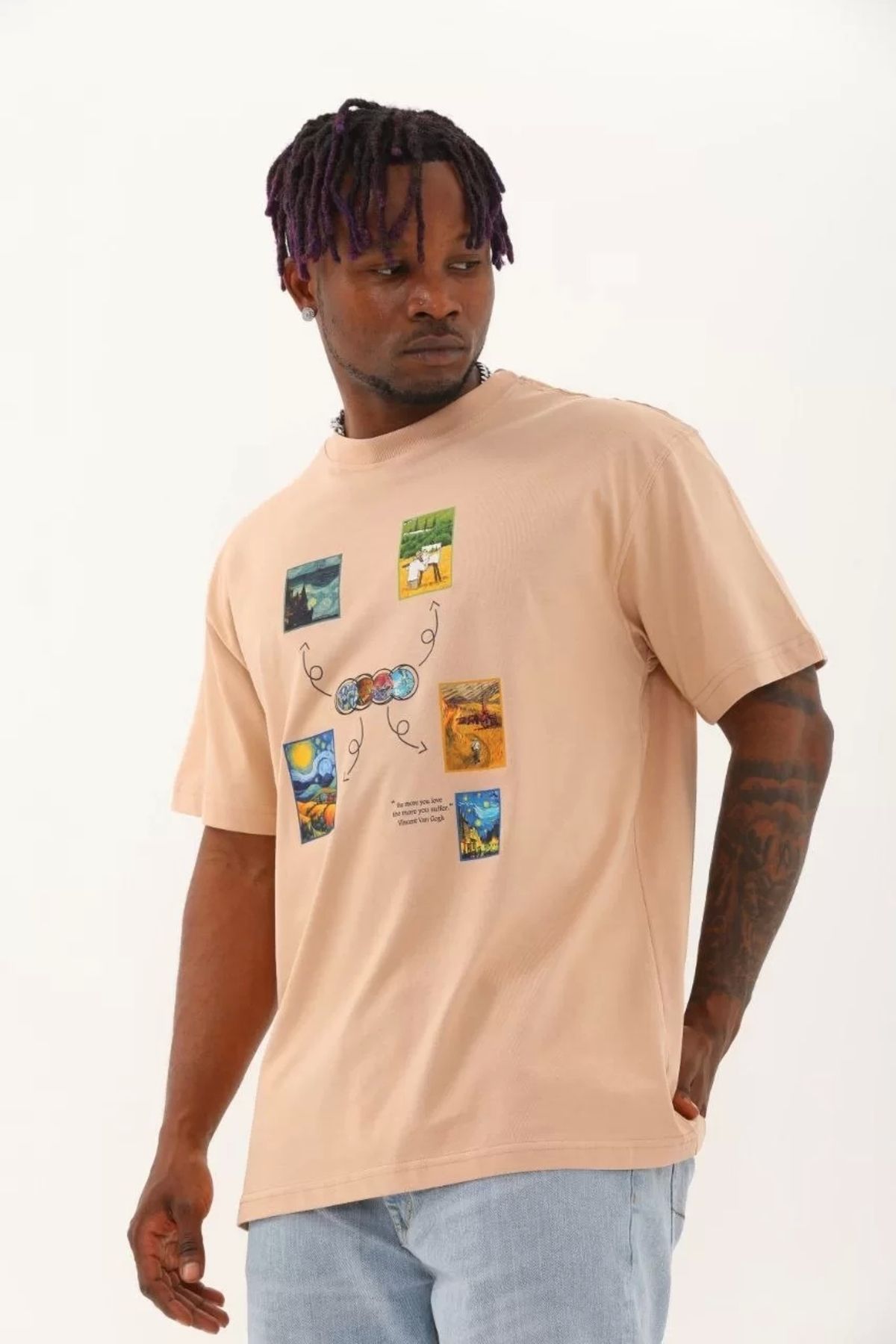 CVS Unisex Oversize Baskılı Bisiklet Yaka T-Shirt - Bej