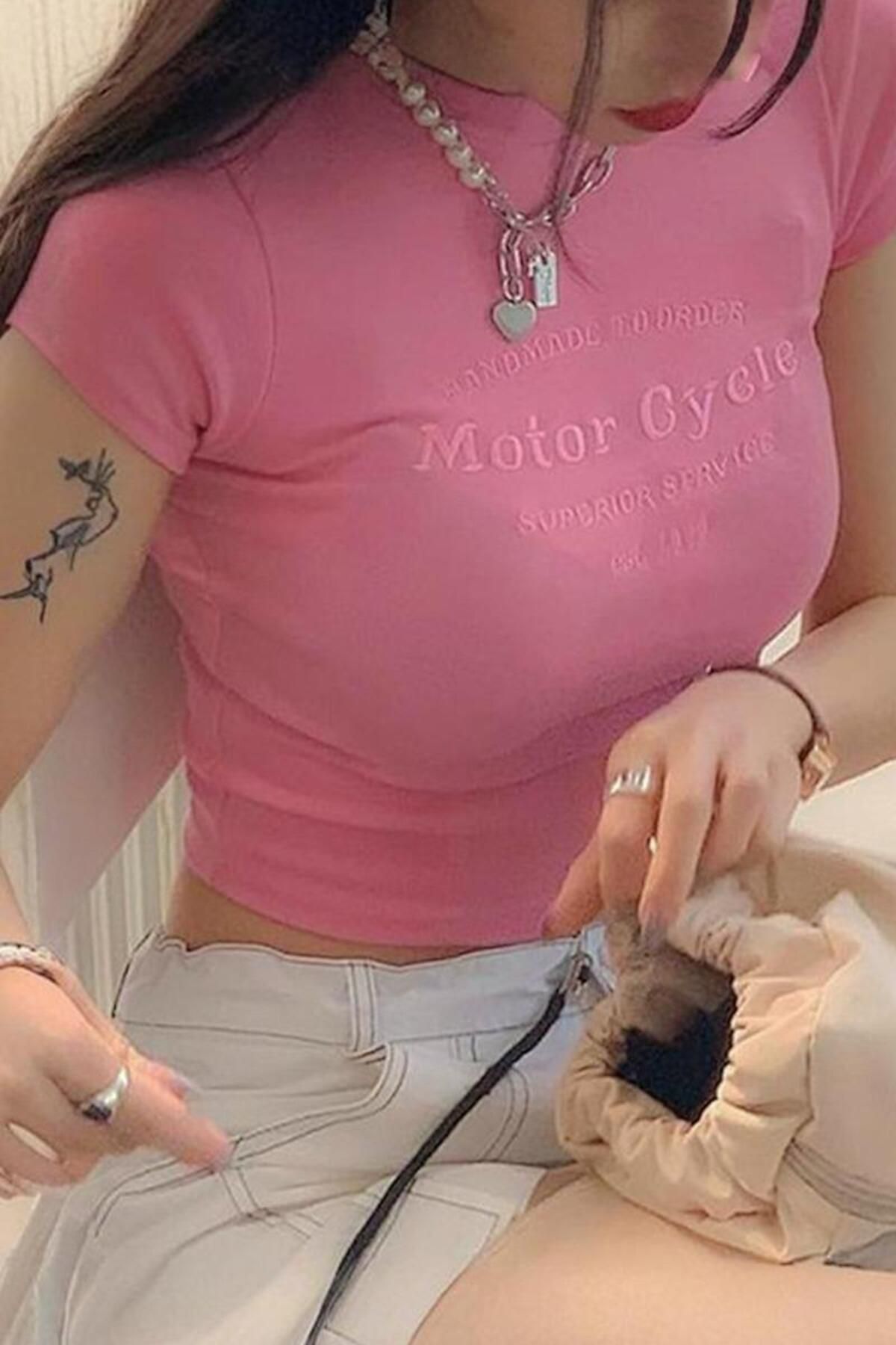 BALİNA Pembe Motor Cycle Kısa Kollu Crop