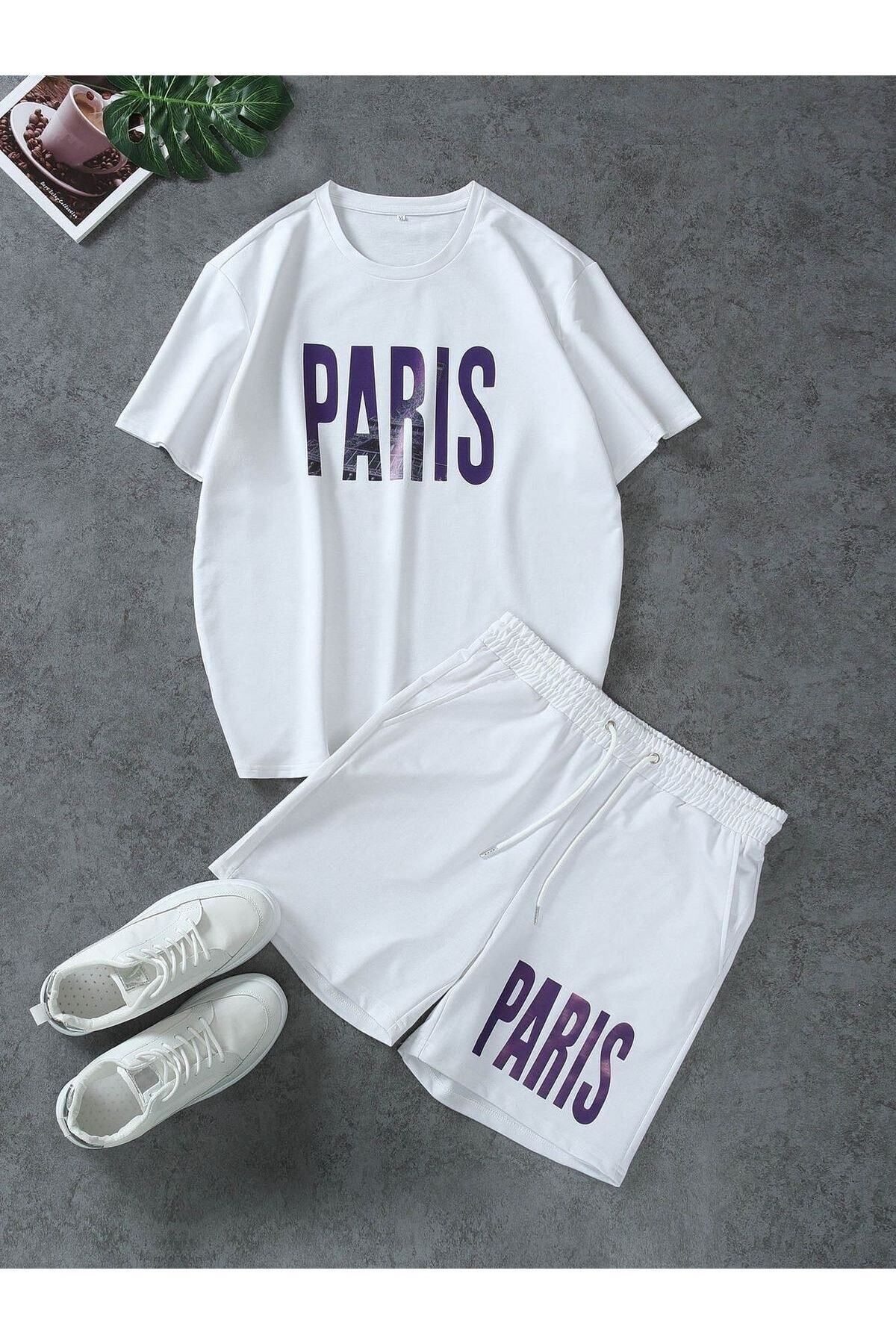 GIANTSTORE Erkek Beyaz Paris Baskılı Şort Takım