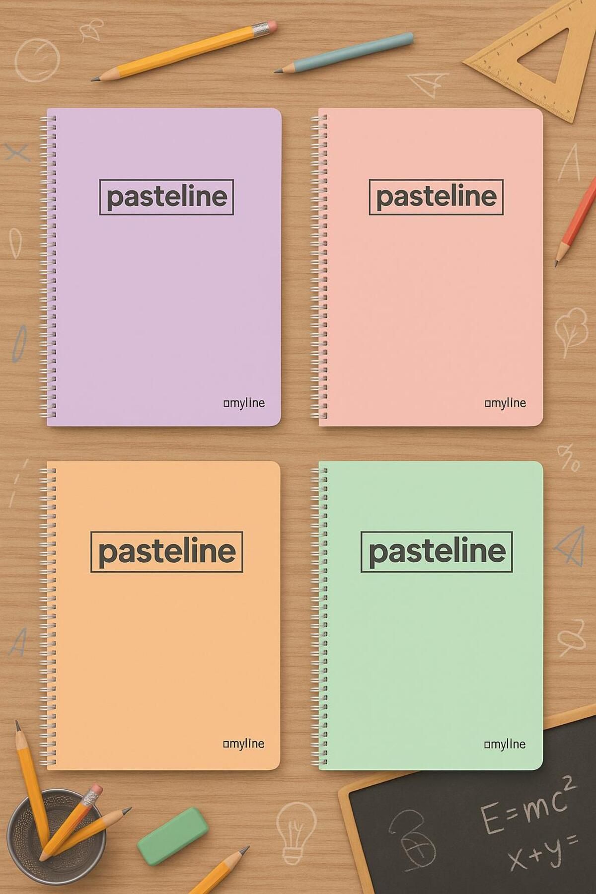 Yenbu Pastel Renk (4'lü Paket) A4 72 Yaprak 2 Kareli + 2 Çizgili Plastik Kapak Defter Seti