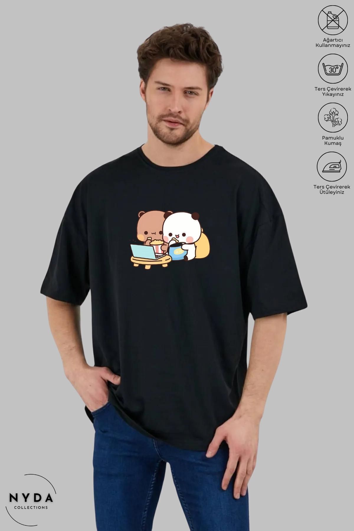 Nyda Collections Unisex Bisiklet Yaka Bubu Dudu Ayıcık Baskılı Pamuk Oversize Kısa Kollu Siyah Tişört