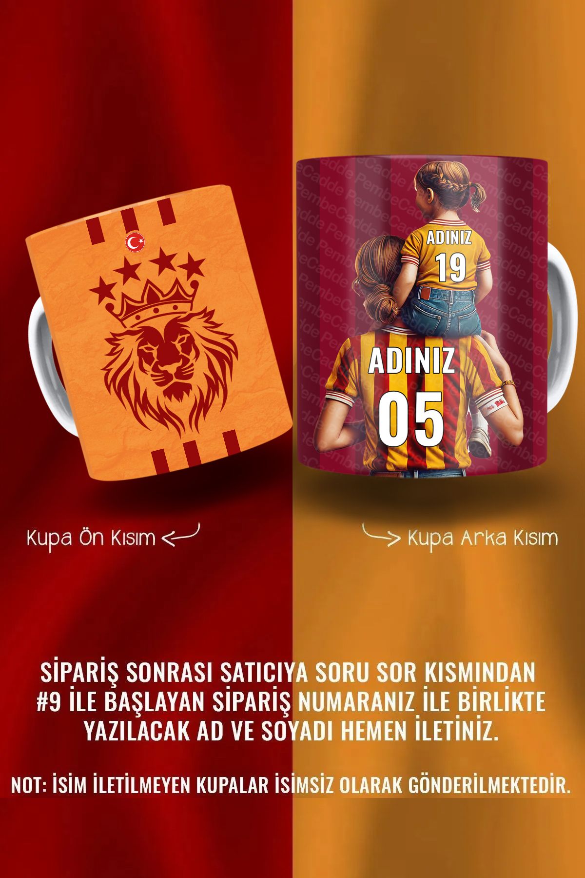 BİBANAPROMOSYON Galatasaray Kişiye Özel Figürlü Baba-Kız / Anne-Kız Kahve Bardağı – İsimli ve Numaralı