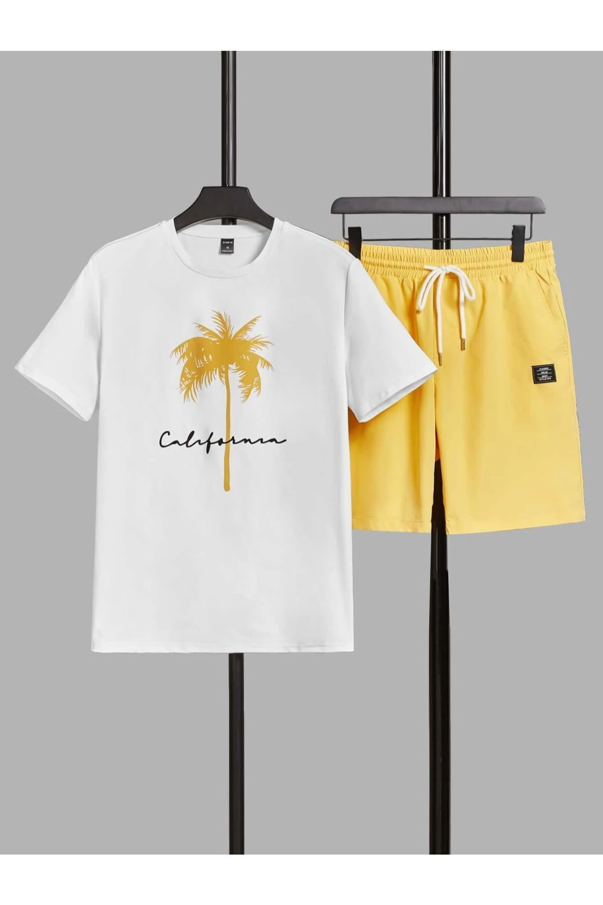 GIANTSTORE Unisex Beyaz Sarı Calıfornıa Baskılı Şort Takım