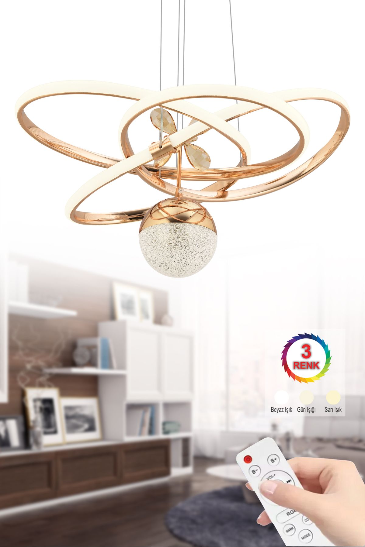İstanbul Avize İstanbul Avize Pablo Lüx Led Gold Kumandalı 3 Renk Işıklı Modern Ledli Avize