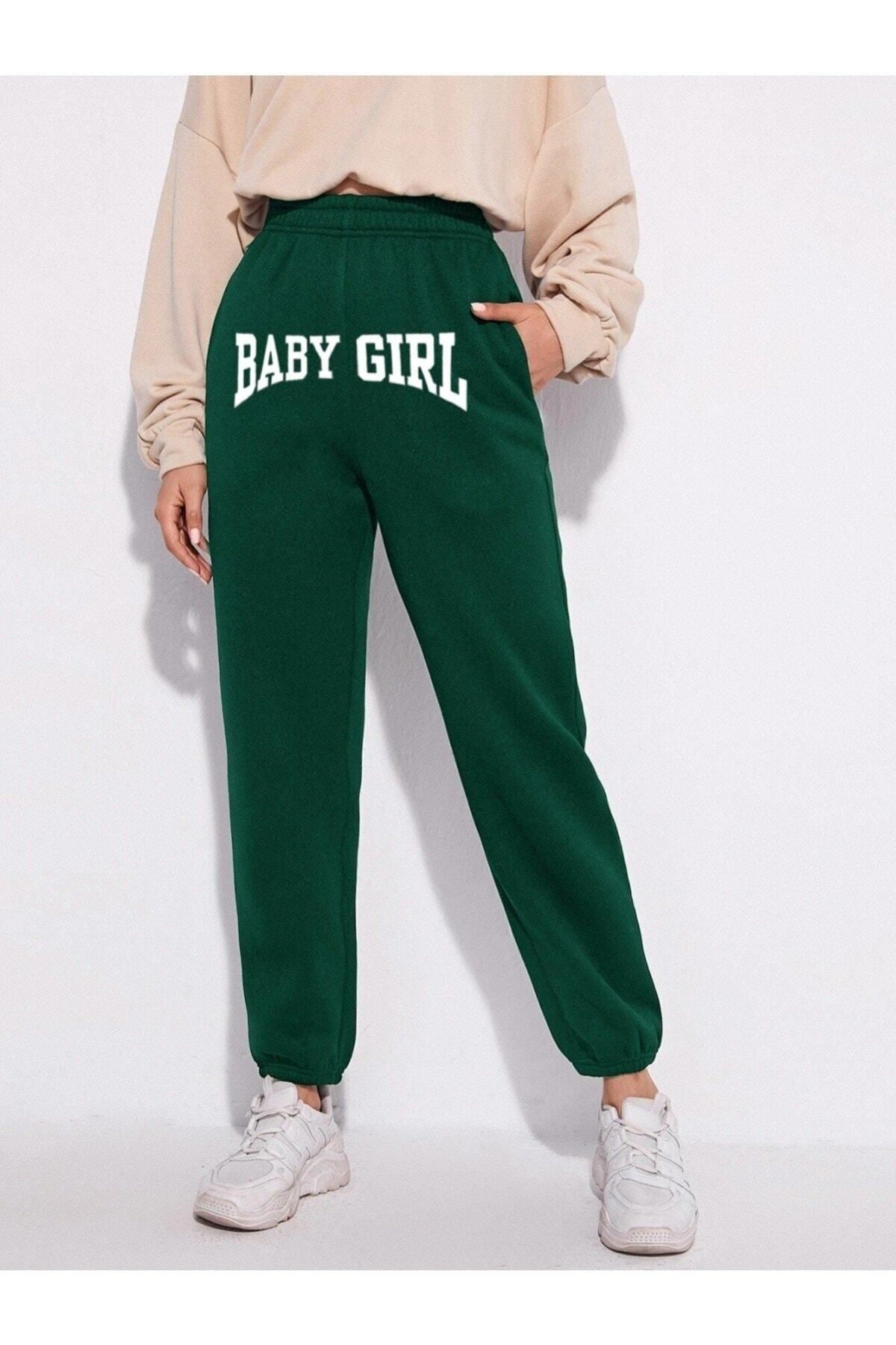 GIANTSTORE Kadın Yeşil Baby Girl Baskılı Oversize Eşofman