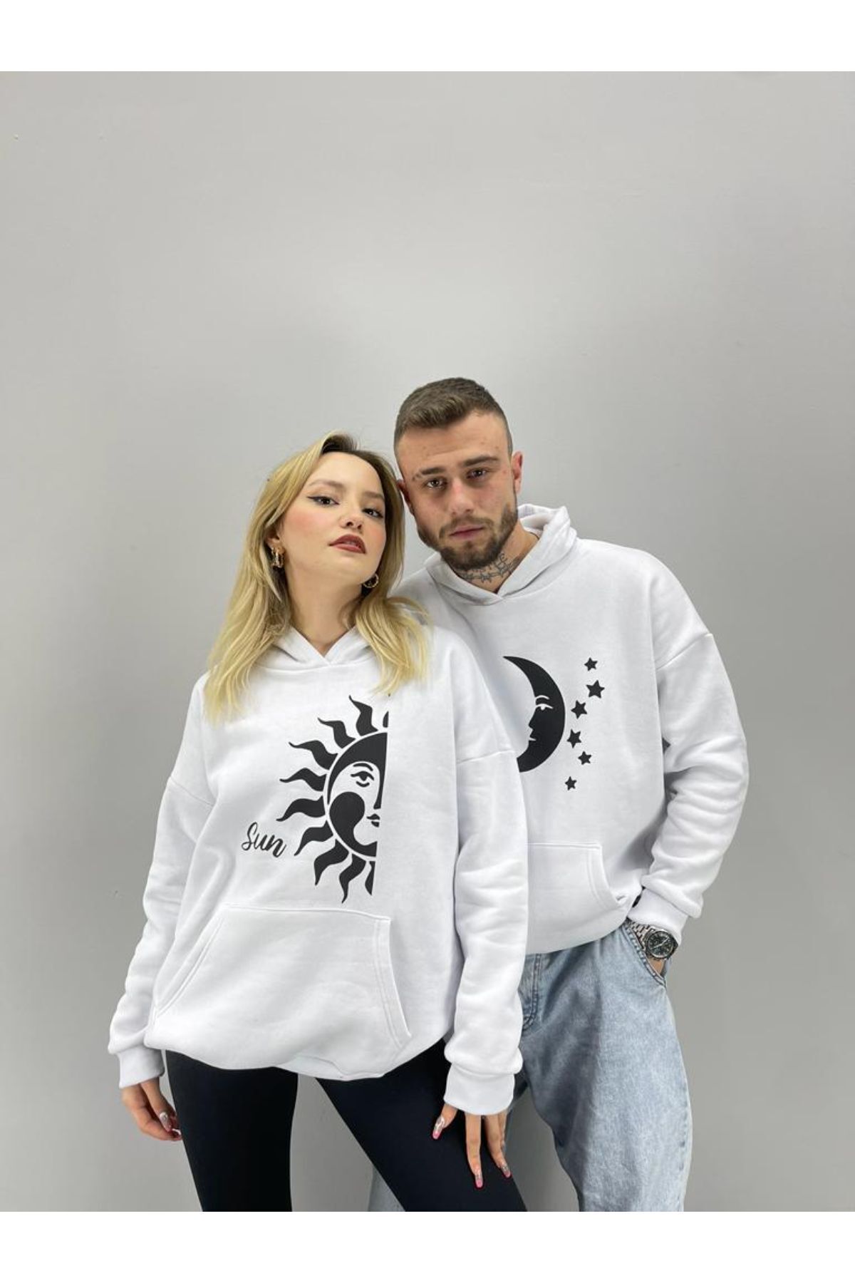 GIANTSTORE Unisex Beyaz Sun Moon Baskılı Kapşonlu Sevgili Çift Kombini 2'li Set
