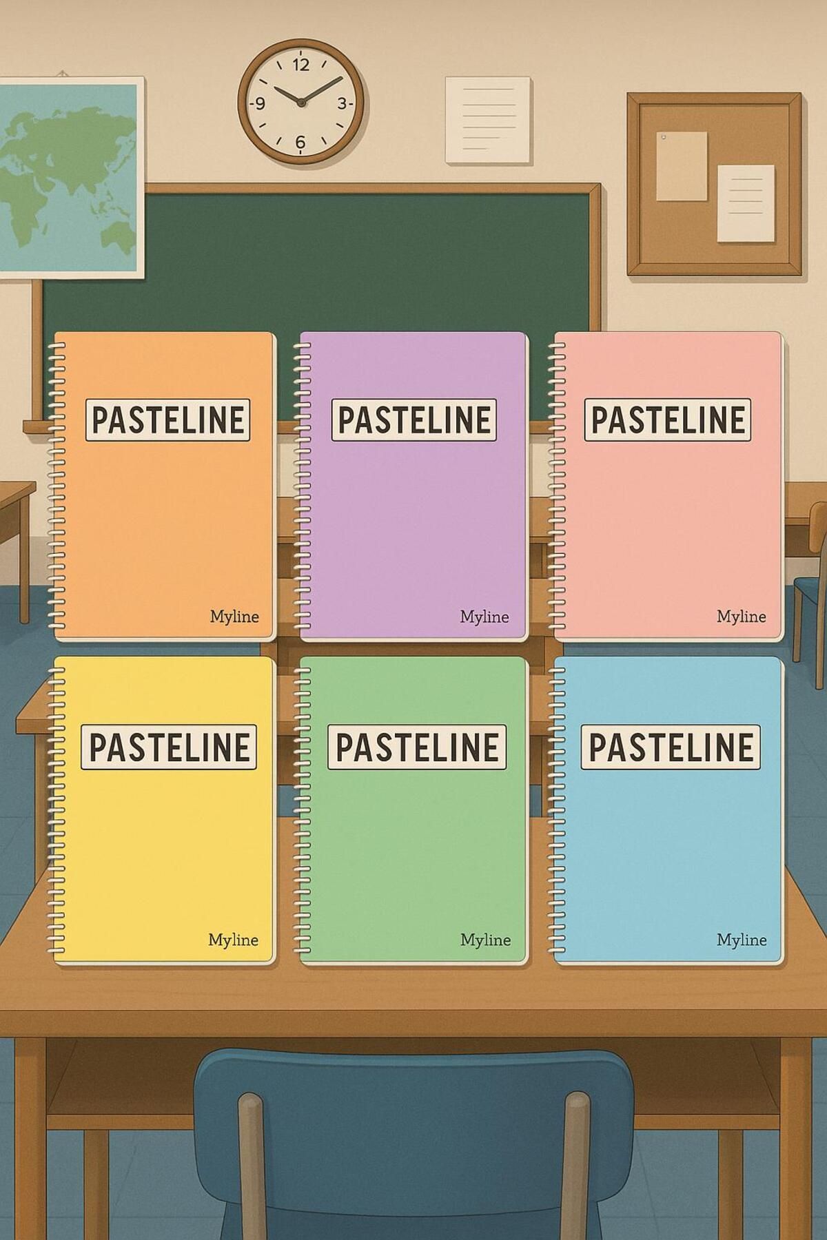 Yenbu Pastel Renk (6'lı Paket) A4 72 Yaprak 3 Kareli + 3 Çizgili Plastik Kapak Defter Seti