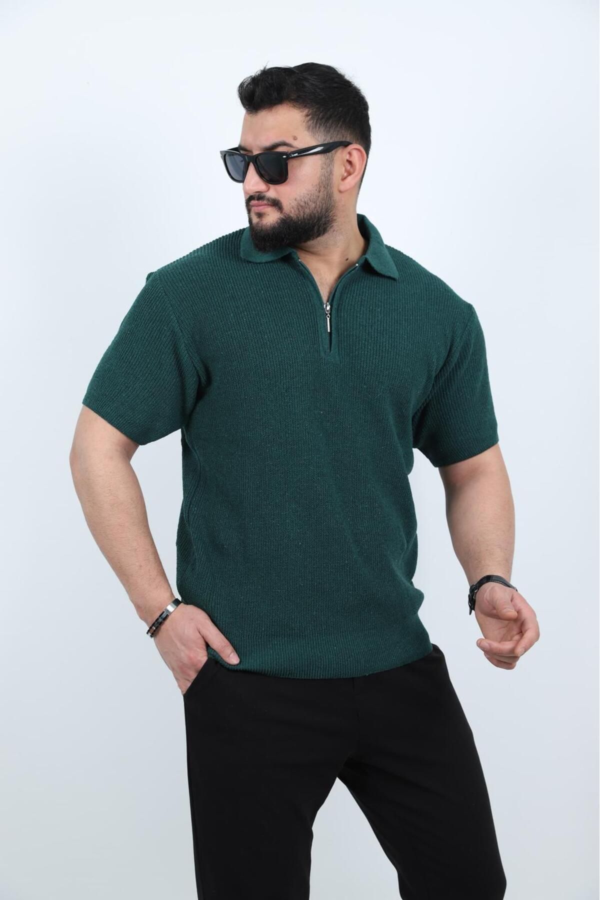GIANTSTORE Erkek Yarım Fermuarlı Yeşil Triko Tişört