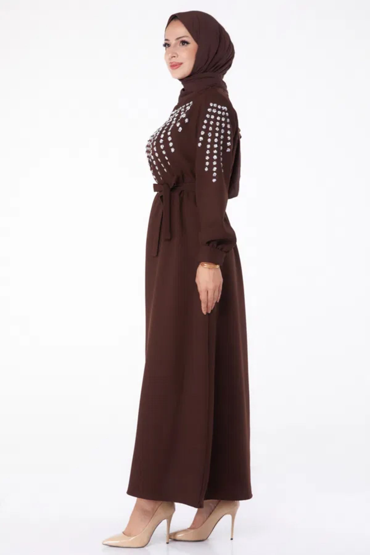 Butik Düz Bisiklet Yaka Kadın Bej Taş Detaylı Elbise - 26282