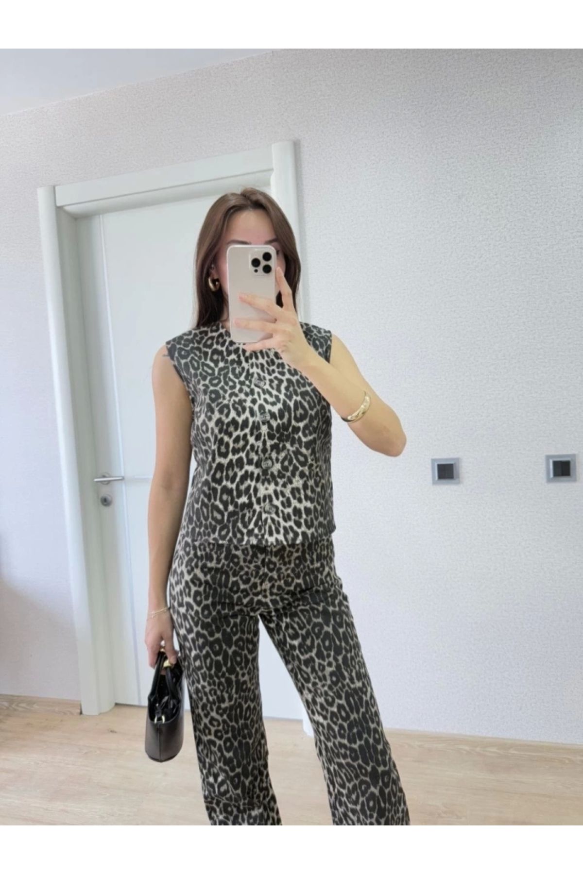 nedo7-Leopard Patterned Buttoned Blouse and Trousers Double Set -Leopard 2
