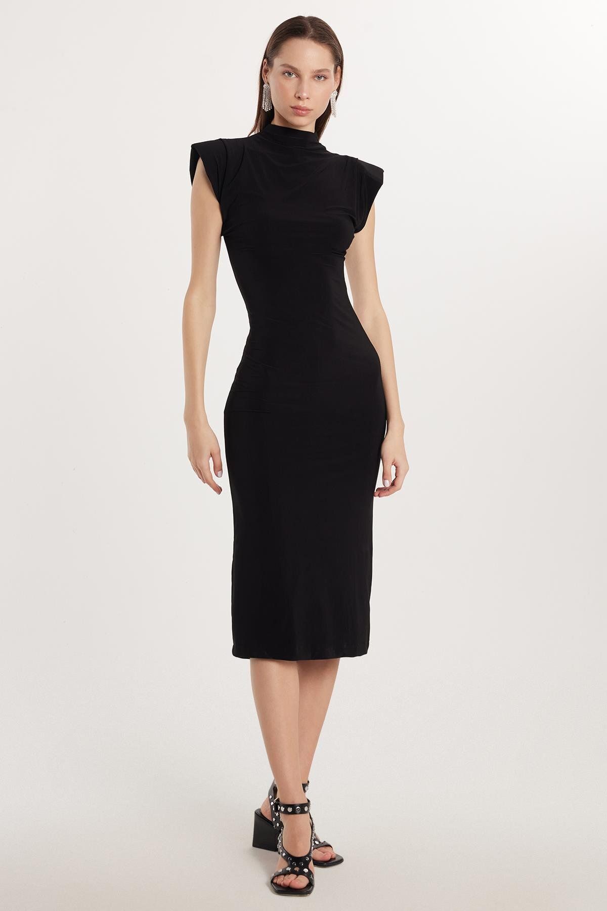Tudors Kadın Slim Fit Dar Kesim Sıfır Kol Yarım Balıkçı Yaka Siyah Elbise