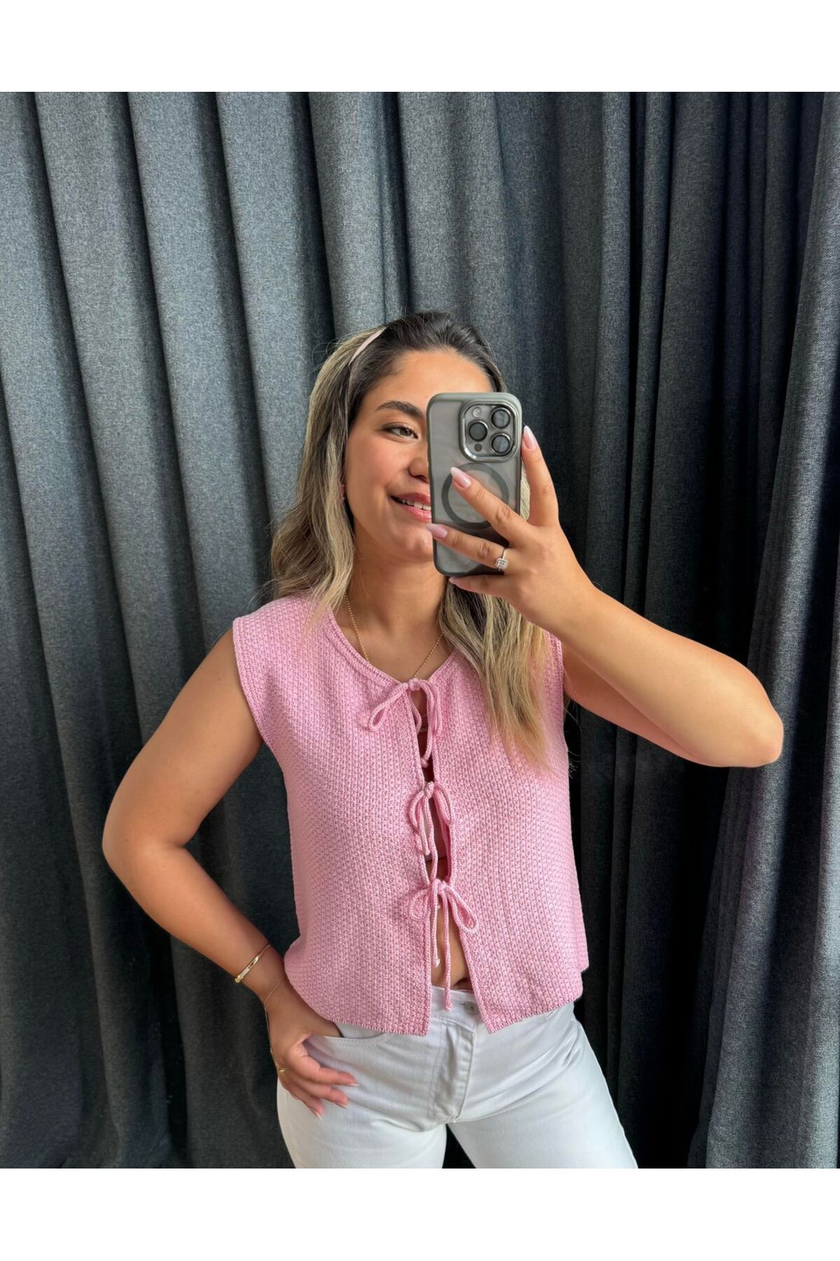 BÜŞRA PERKER Önden Bağlamalı Yelek Pembe