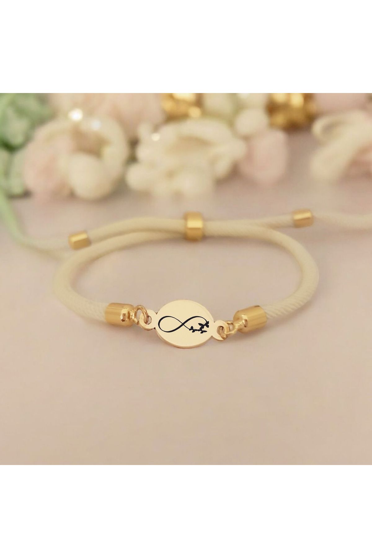 ARCHINO GOLD 14 Ayar Altın Plakalı Bayanlara Özel Oval Motifli Ve Örgülü Sonsuz Kelebek Bilekliği-424sembol-beyaz
