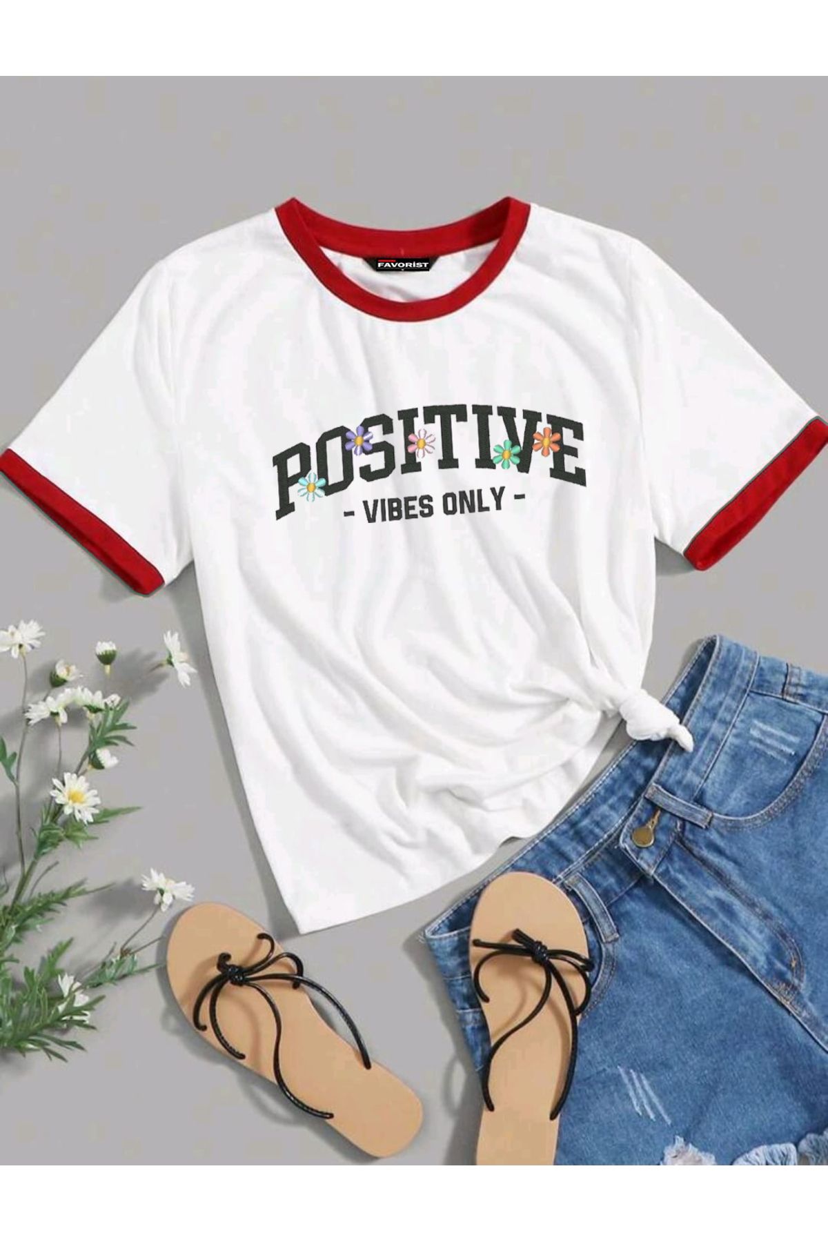 FAVORİST Tişört ( KARIŞIK BASKILI ) Biye Kol Detaylı Yazlık Pamuklu T-shirt