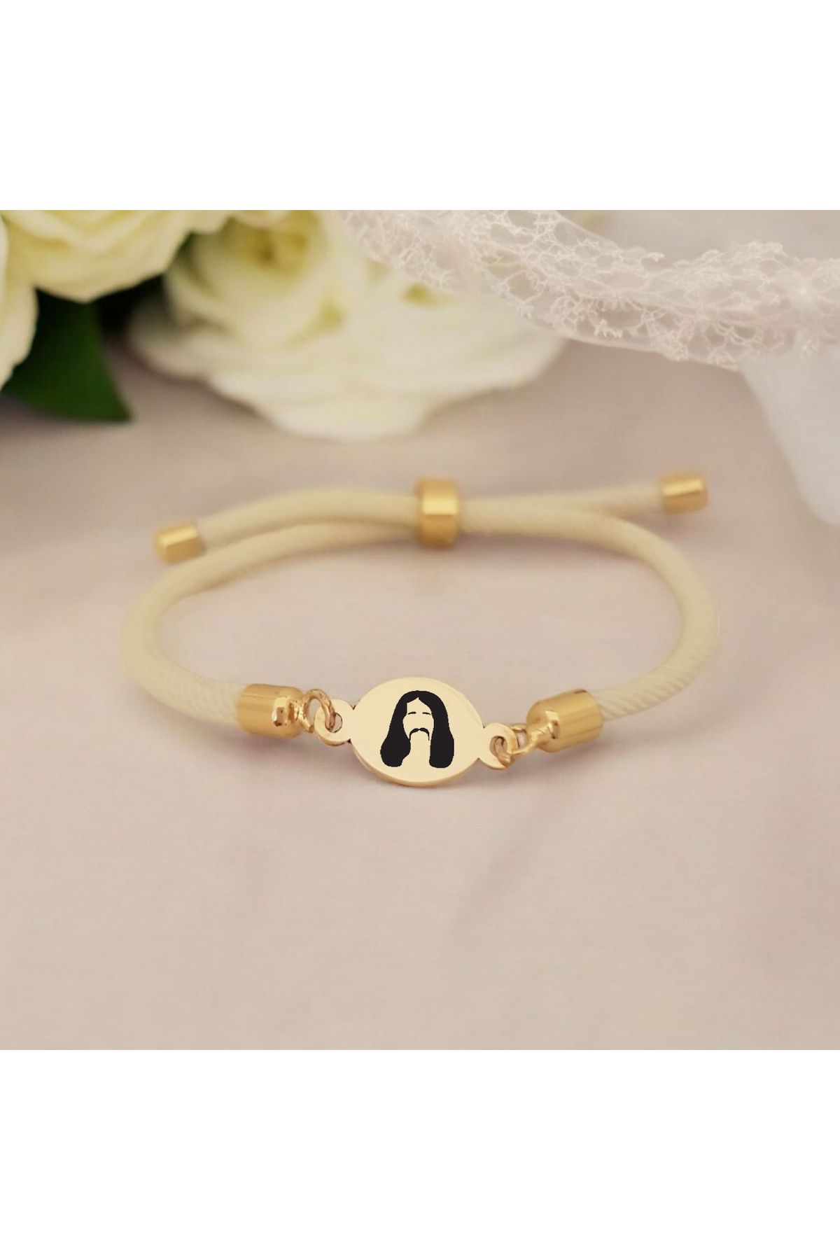 ARCHINO GOLD Örgü İpli 14 Ayar Altın Plakalı Bayanlara Özel Oval Motifli Bariş Manço Bilekliği-424sembol-beyaz
