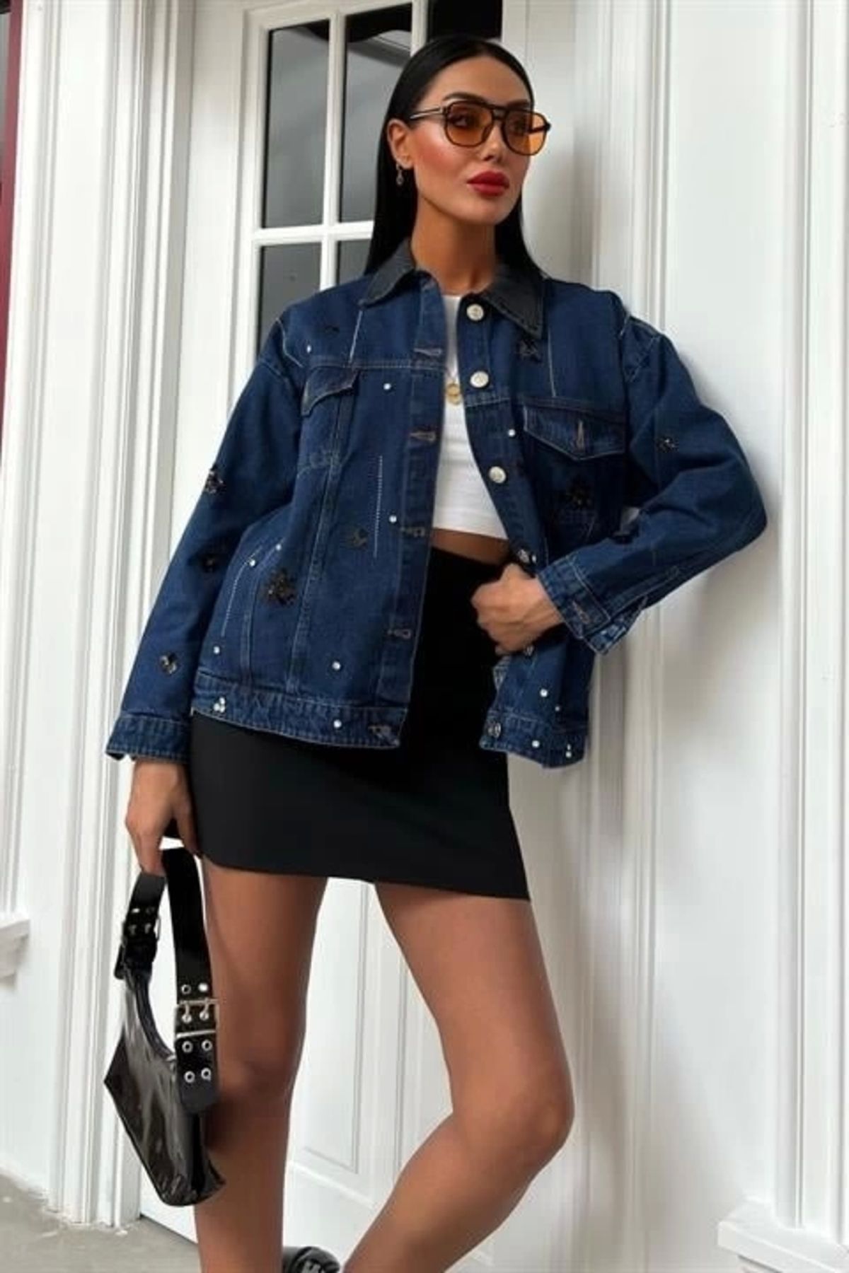 nedo7 Yaka Siyah Garni Pul Payet Taşlı Oversize Denim Ceket 6125