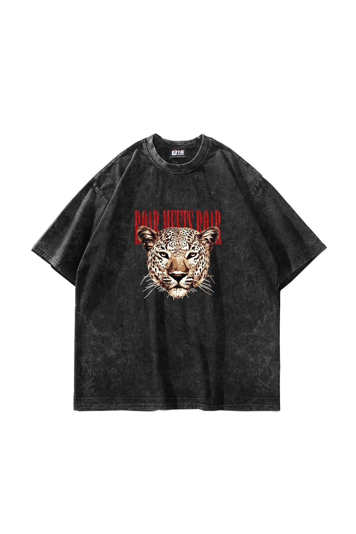 Sekizbiraltı Roar Meets Baskılı Oversize Unisex Yıkamalı Siyah Tshirt