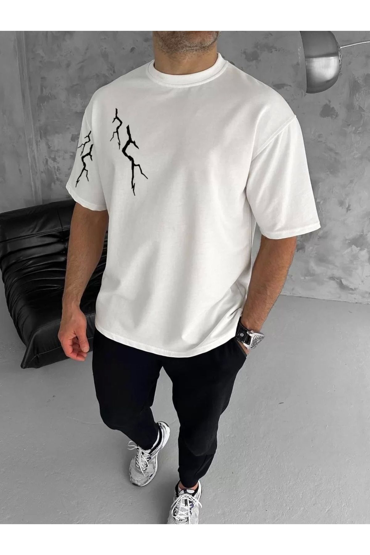 CVS Unisex Bisiklet Yaka Baskılı Oversize T-Shirt - Beyaz