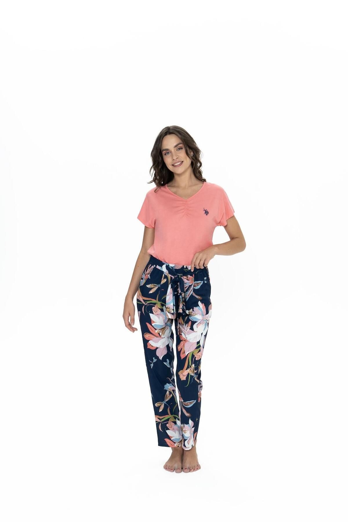 U.S. Polo Assn. Us Polo Kadın V Yaka Pijama Takım, Üst %50 Modal %50 Pamuk, Alt %100 Viskon