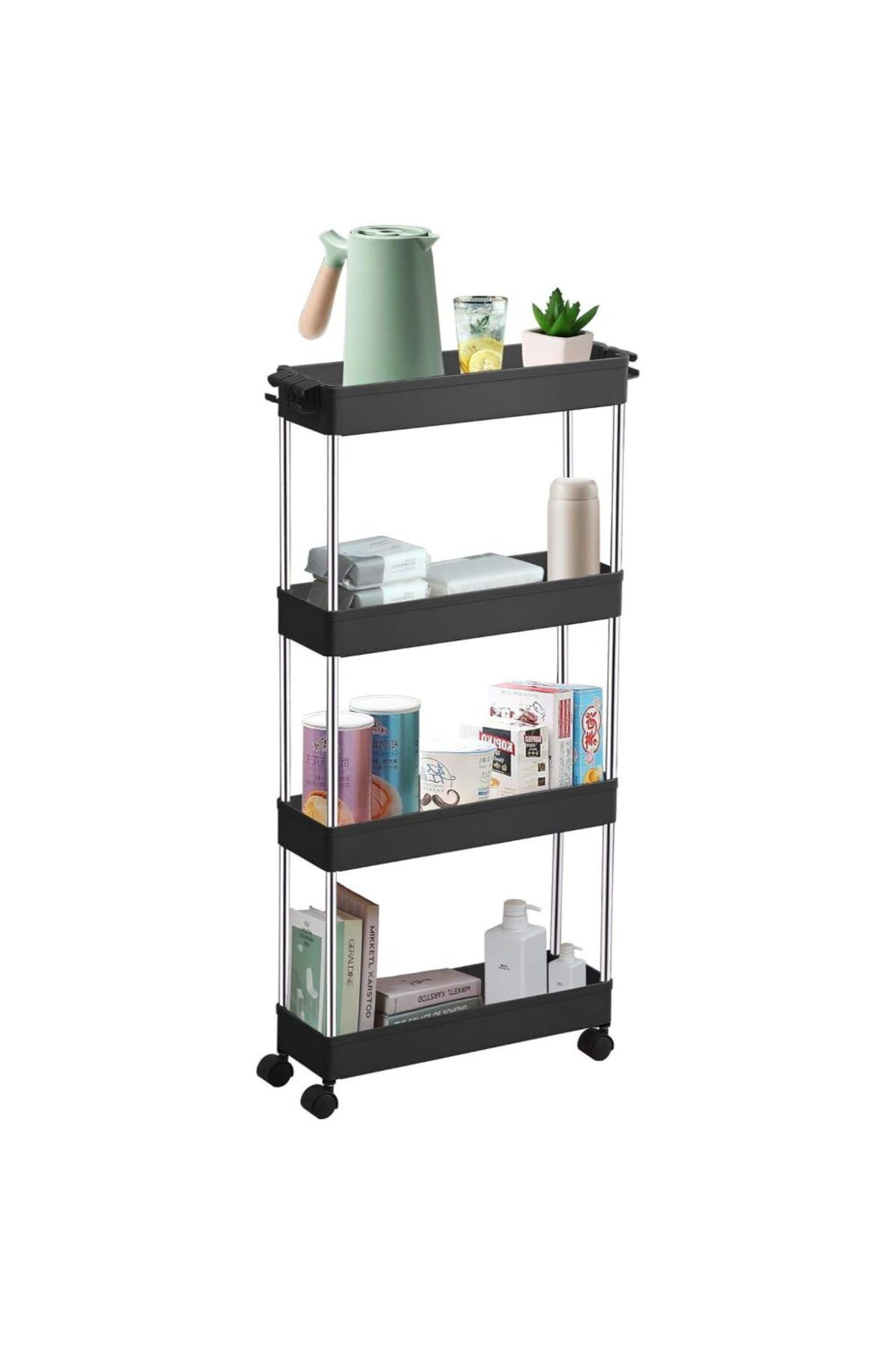 Quasar & Co. Raft Depozitare ,cu Roti,4 Polite,pentru Spatii Inguste,40x12x86.5cm,abs/inox,negru - One Size