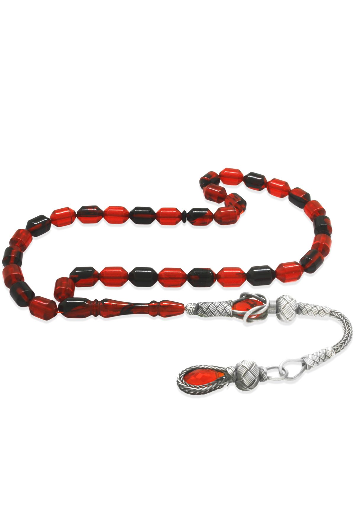 Tesbihane-1000 Sterling Silver Kazaz Tasseled Tip Capsule Cut Red-Black Fire Amber Prayer Beads 2