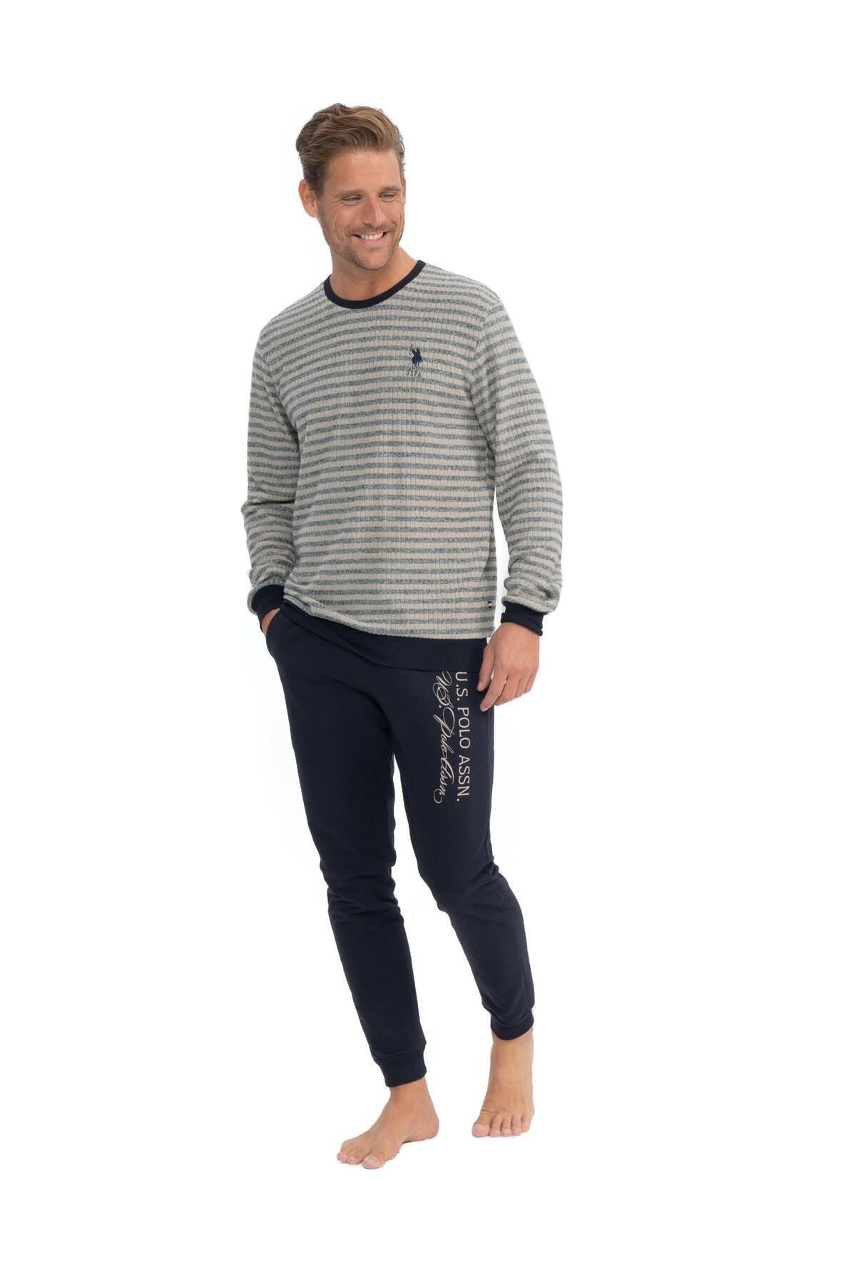 U.S. Polo Assn. Erkek Kışlık Pijama Takım, Üst Çizgili Manşet Kol, Alt Cepli Yazılı Dar Paça