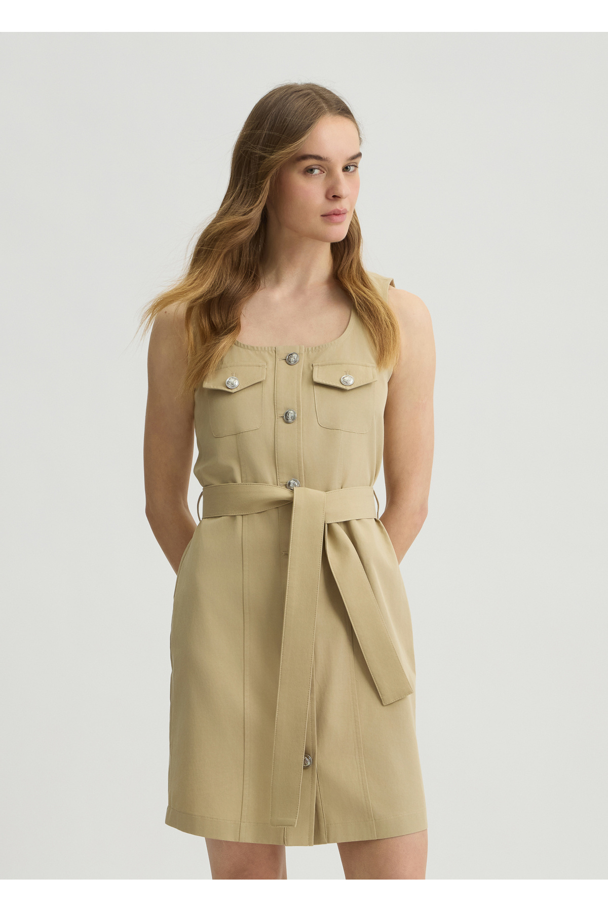 Liu Jo-Women's Round Neck Front Button Closure Above Knee Length Waist Belt Beige Dress Wa5264T4277-60920 1