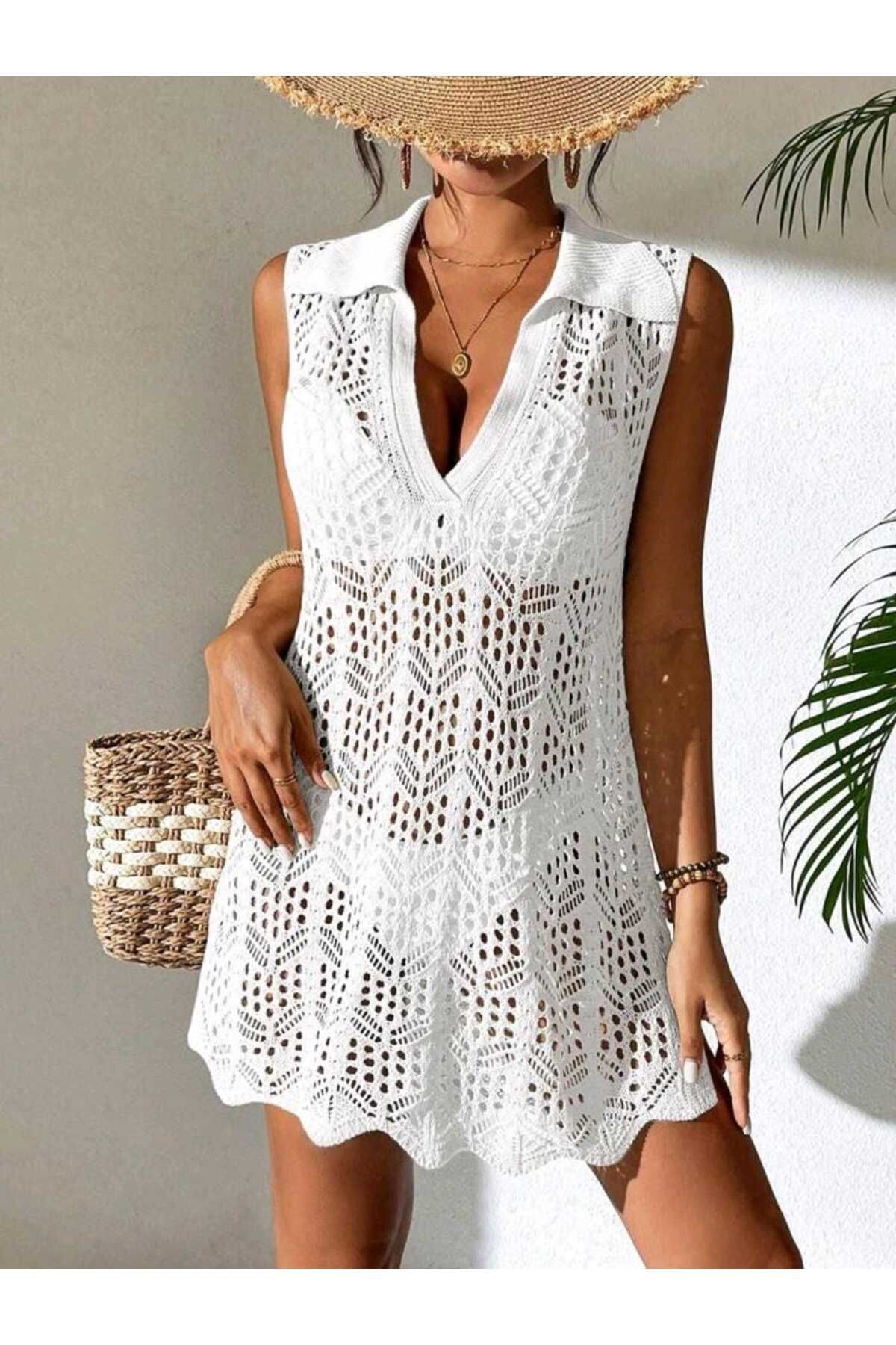 Bracha Gömlek Yaka Sıfır Kollu Ajurlu Desen %100 Pamuk Bikini Üstü Plaj Elbisesi