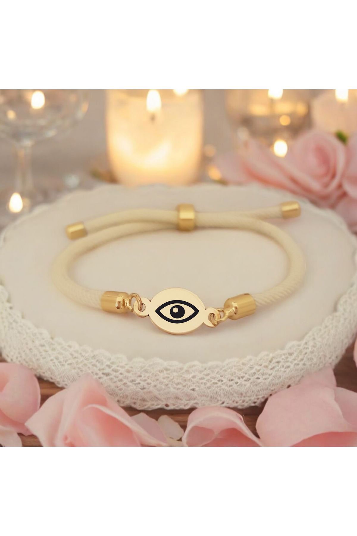 ARCHINO GOLD Bayanlara Özel Oval Motifli 14 Ayar Altın Plakalı Ve Örgülü Göz Bilekliği-424sembol-beyaz