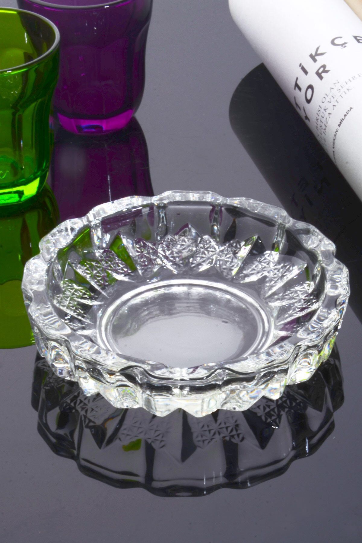 ALBETTO Cam Kristal Lüks Küllük - Kül Tablası - Yuvarlak Kül Tabağı-Çap 12cm