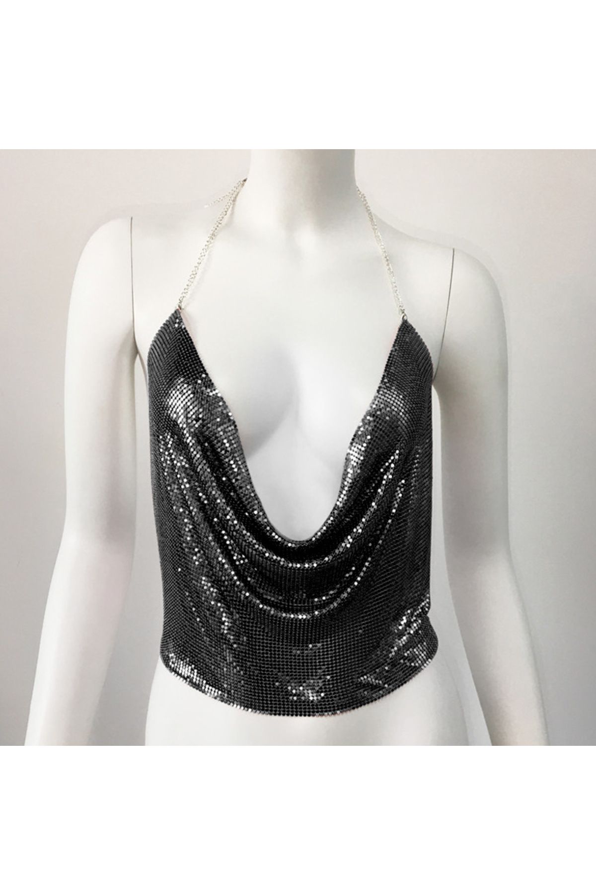 Shop58 Parlak Siyah Crop & Bluz Kolsuz Kayık Yaka Zırh Büstiyer