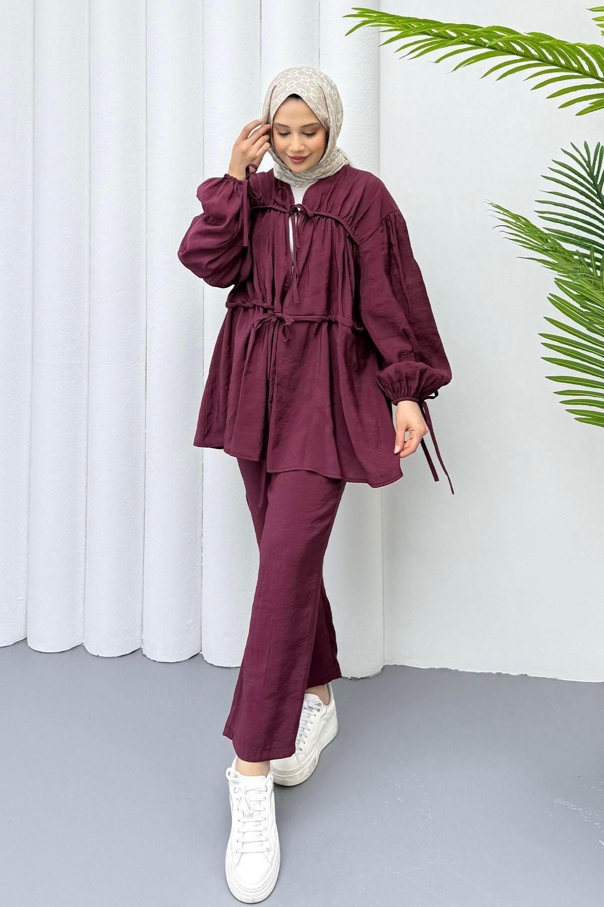 Modaensarbutik Önden Bağlamalı Pantolonlu Tesettür Takım-BORDO