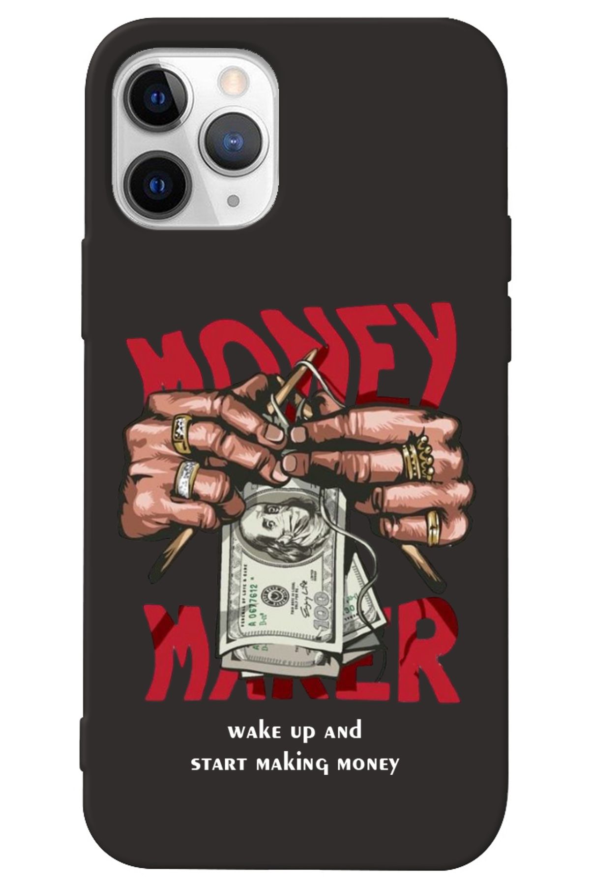 WANNA PROTECT iPhone 13 Pro Max Siyah İçi Kadife Make Money Desenli Silikon Telefon Kılıfı
