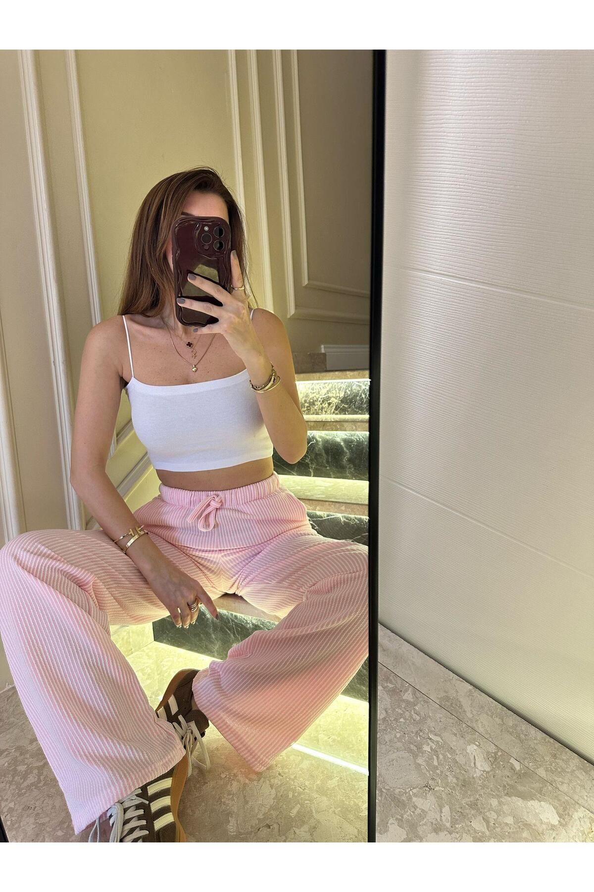Chamakh Pembe Çizgili Melanj Pantolon