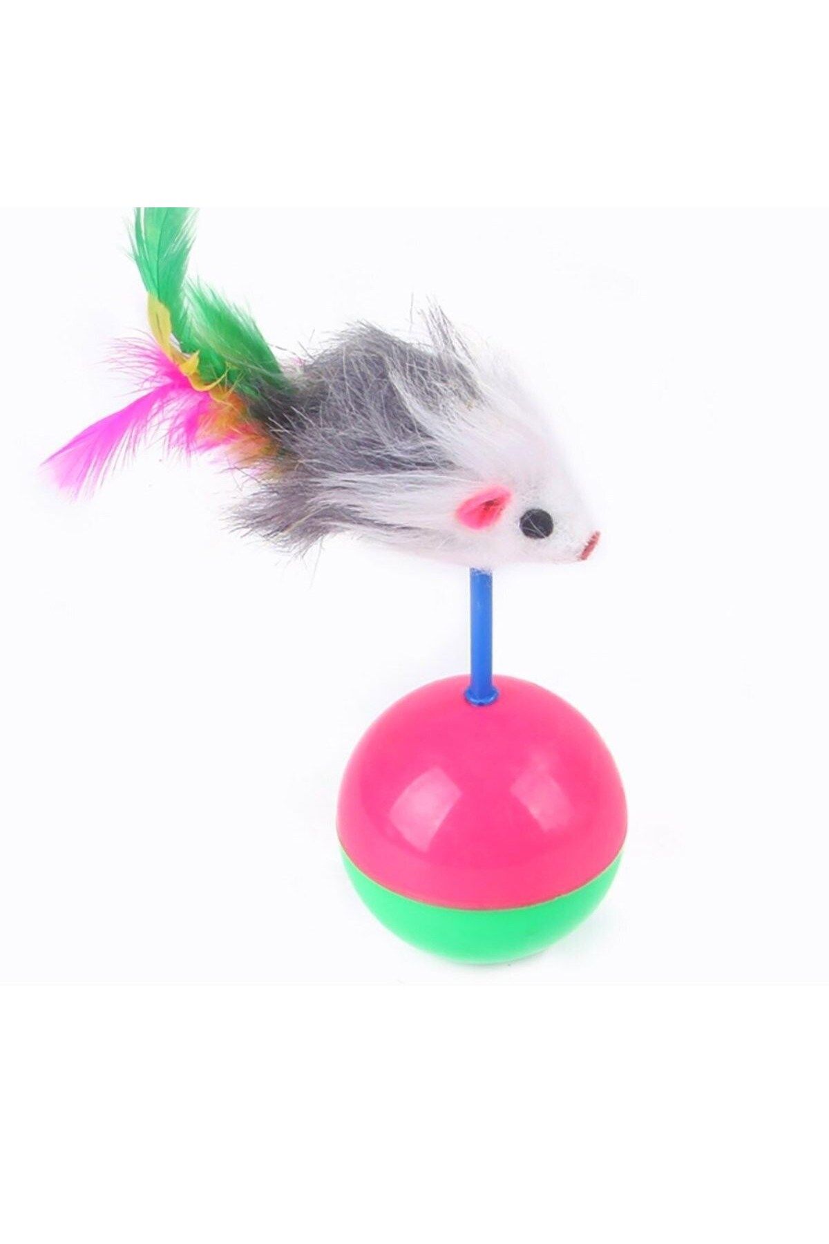 Shop58 Kedi Oyun Topu Tüylü Fareli Hacı Yatmaz Eğitici Yavru Kedi Fare Kovalama Oyuncağı (4172)