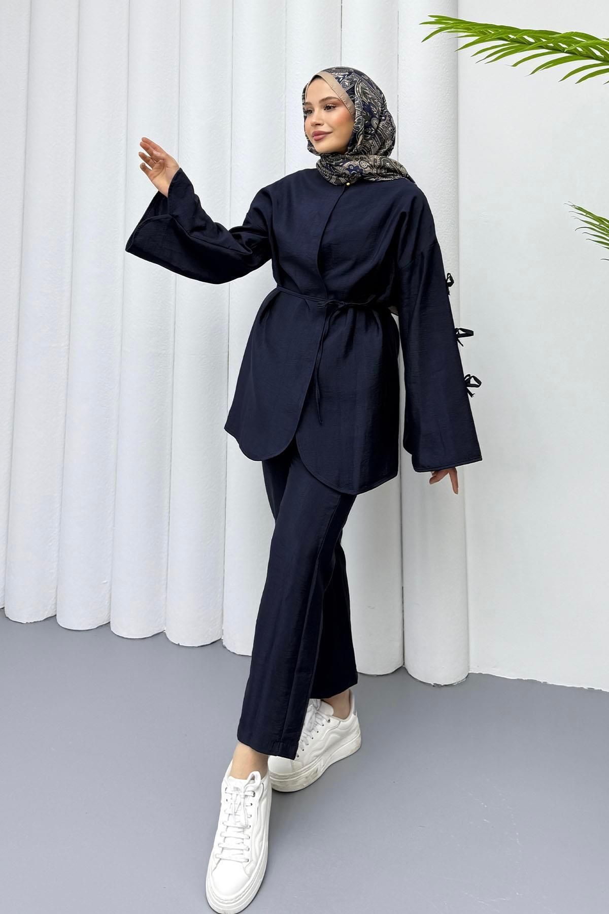 Modaensarbutik Kolları Fiyonk Detaylı Ceketli Pantolon Tesettür Takım-LACİVERT