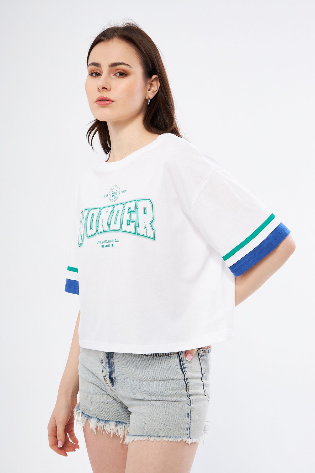 TeksKey Kadın Wonder Baskı Desenli Kısa Kollu Organik Pamuklu Bisiklet Yaka Crop T-shirt