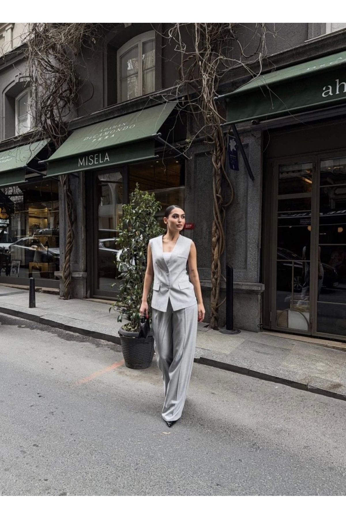 nedo7 Poly Viscose Arkasi Düğme Ve Kemer Detayli Yelek Pantolon Takim