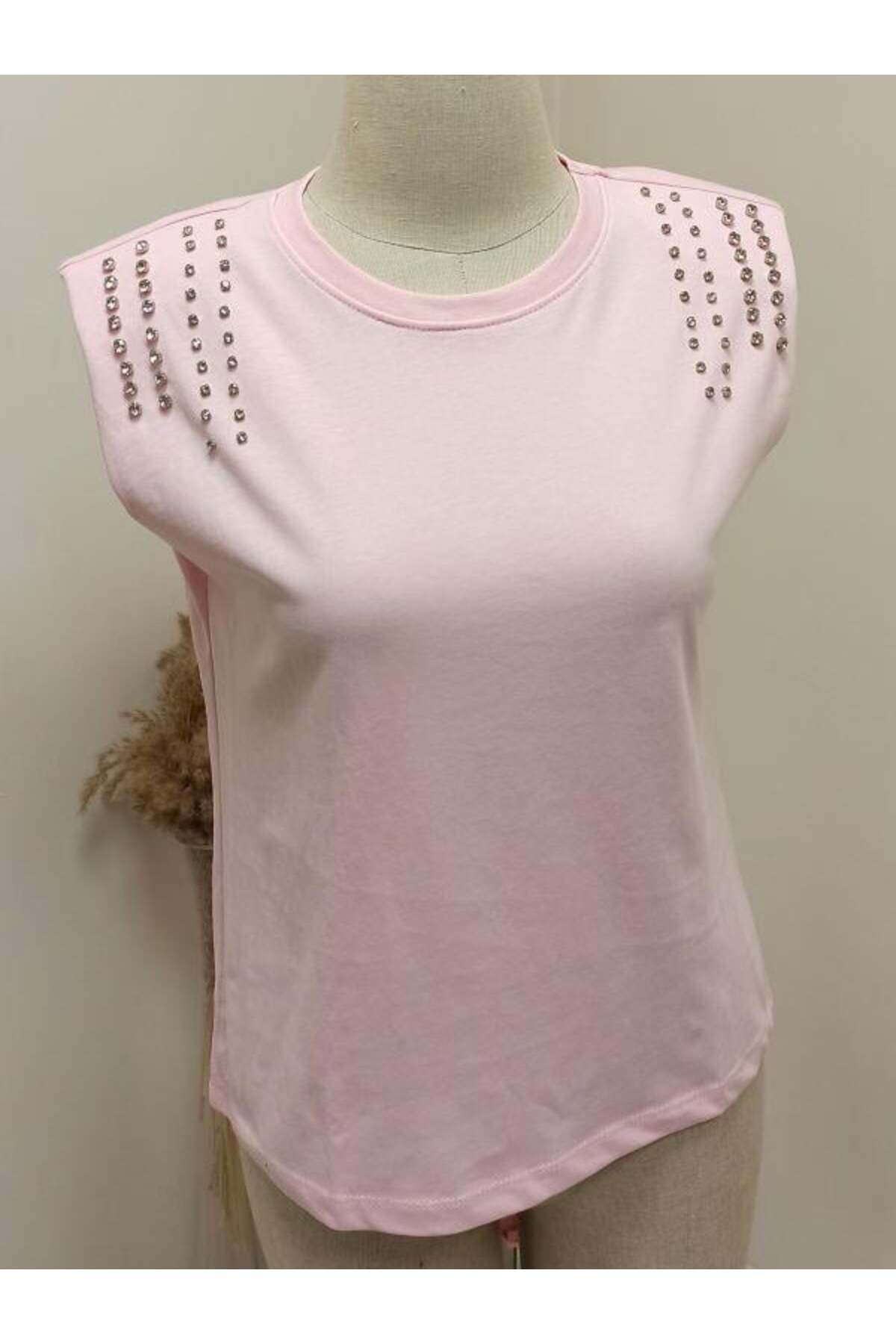 Kokoşum Butik 7269 Taşlı Vatkalı Kesik Kol Tişört Pembe
