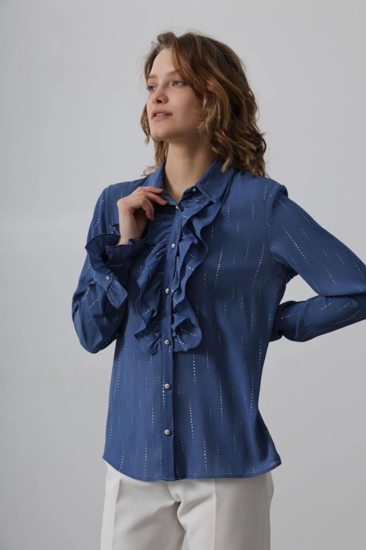 VİBE UNİCO-Ruffle Collar Chiffon Shirt - Blue 3