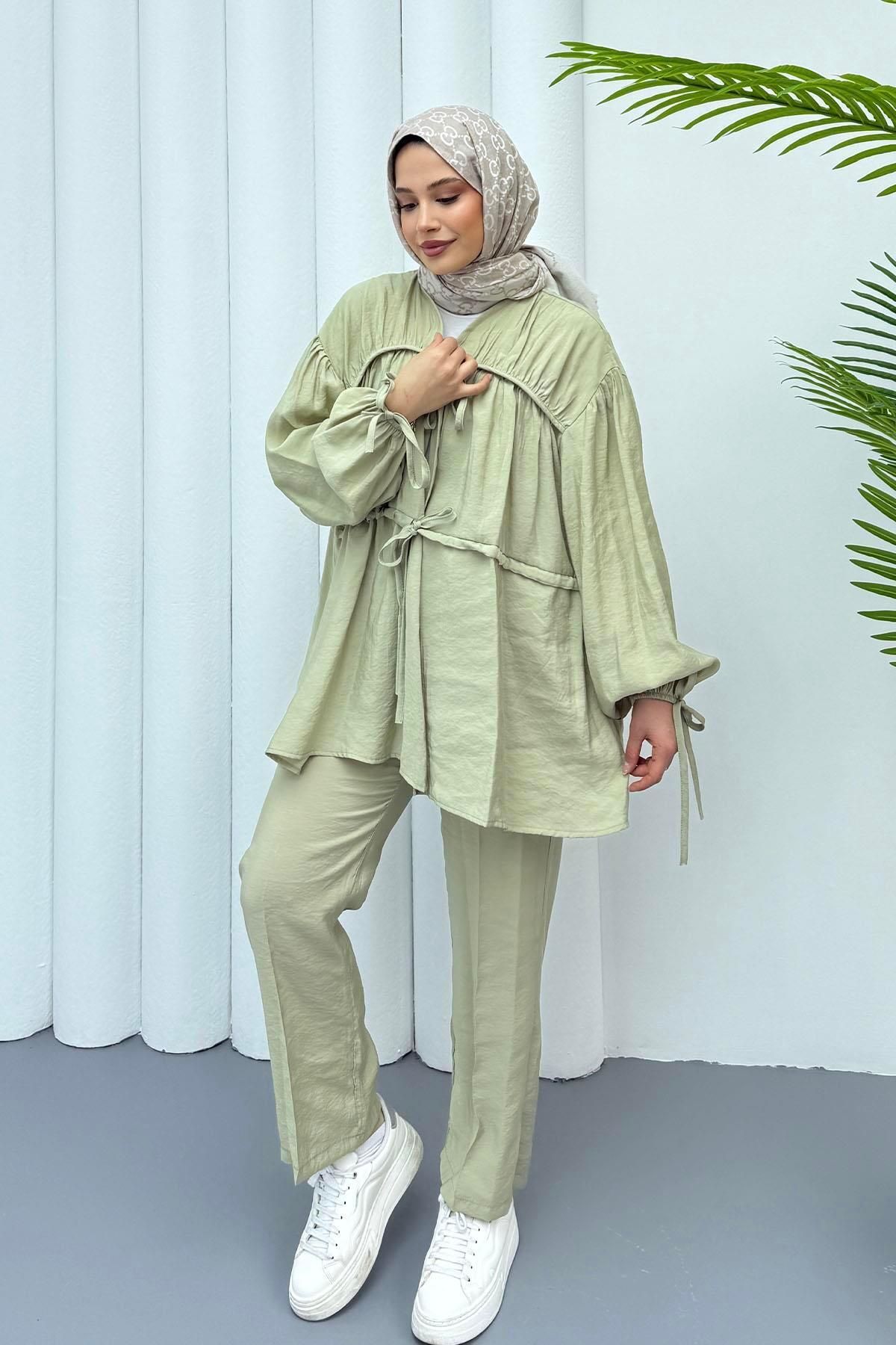 Modaensarbutik Önden Bağlamalı Pantolonlu Tesettür Takım-MİNT YEŞİLİ