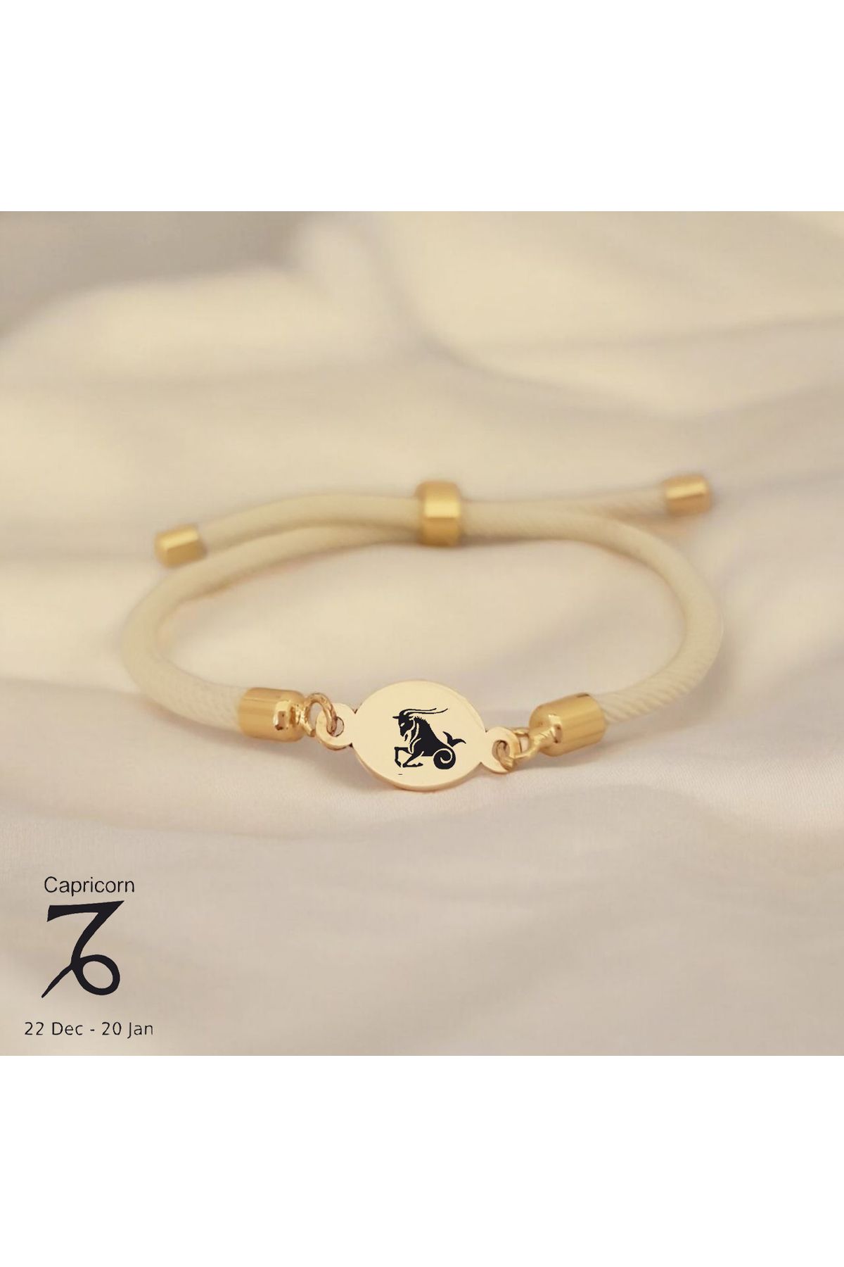 ARCHINO GOLD Oval Motifli 14 Ayar Altın Plakalı İpek Örgülü Bayanlara Özel Oğlak Burcu Bilekliği-424burç-beyaz