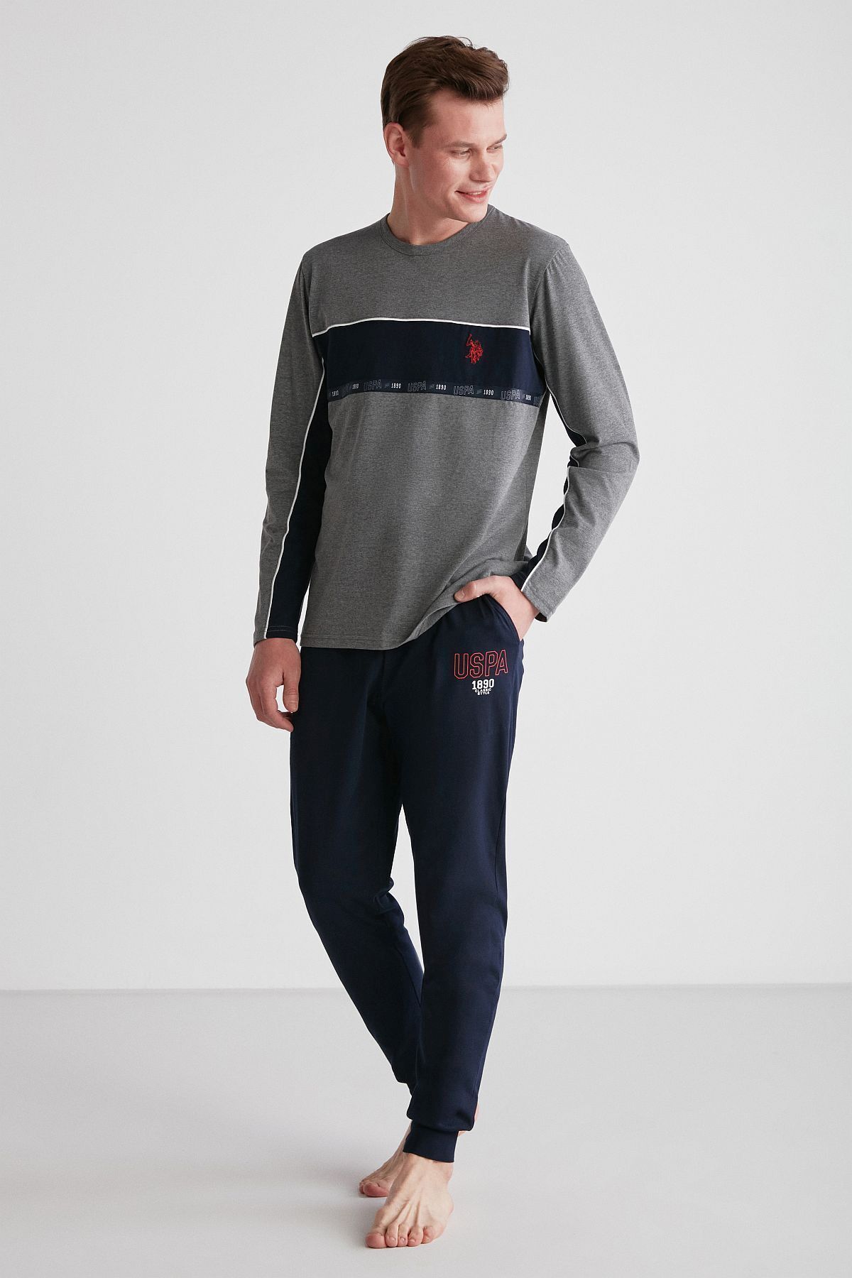 U.S. Polo Assn. 18725 Erkek Antrasit Melanj Yuvarlak Yaka Uzun Kollu Pijama Takımı