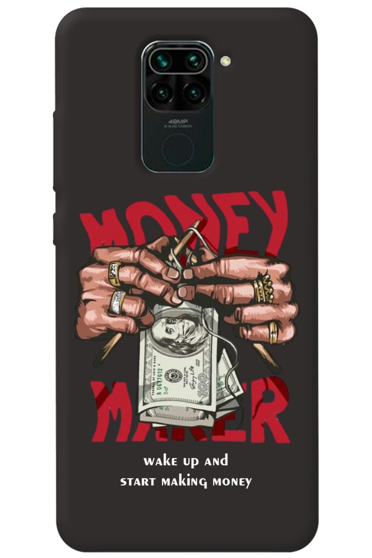 WANNA PROTECT Xiaomi Redmi Note 9 Siyah İçi Kadife Make Money Desenli Silikon Telefon Kılıfı