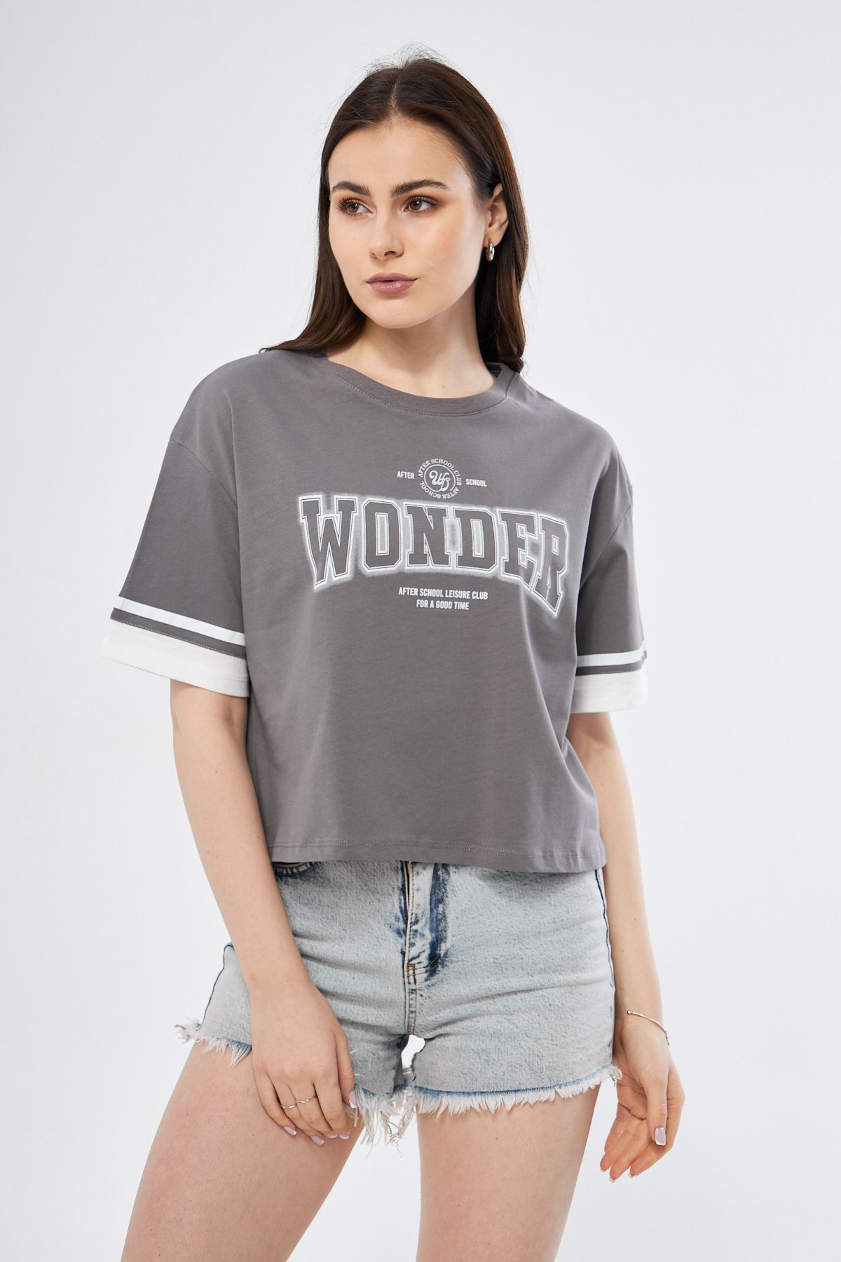 TeksKey Kadın Wonder Baskı Desenli Kısa Kollu Organik Pamuklu Bisiklet Yaka Crop T-shirt