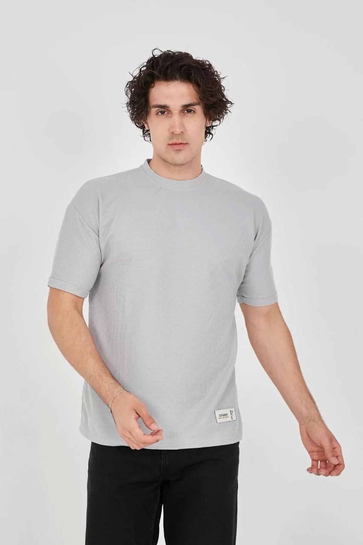 CVS Unisex Waffle Kumaş Rahat Kol T-Shirt - Boyalı Gri