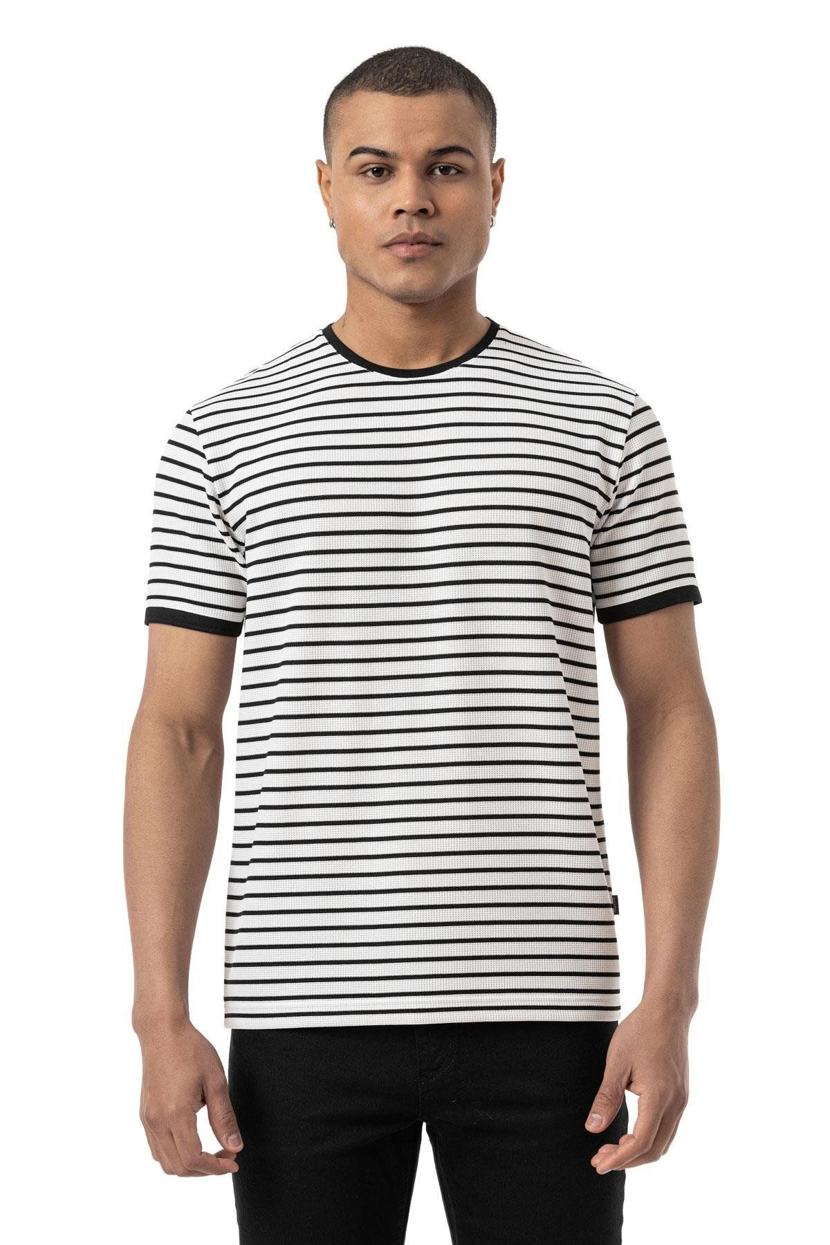 rugatchi Yatay Çizgili Waffle Bisiklet Yaka T-Shirt