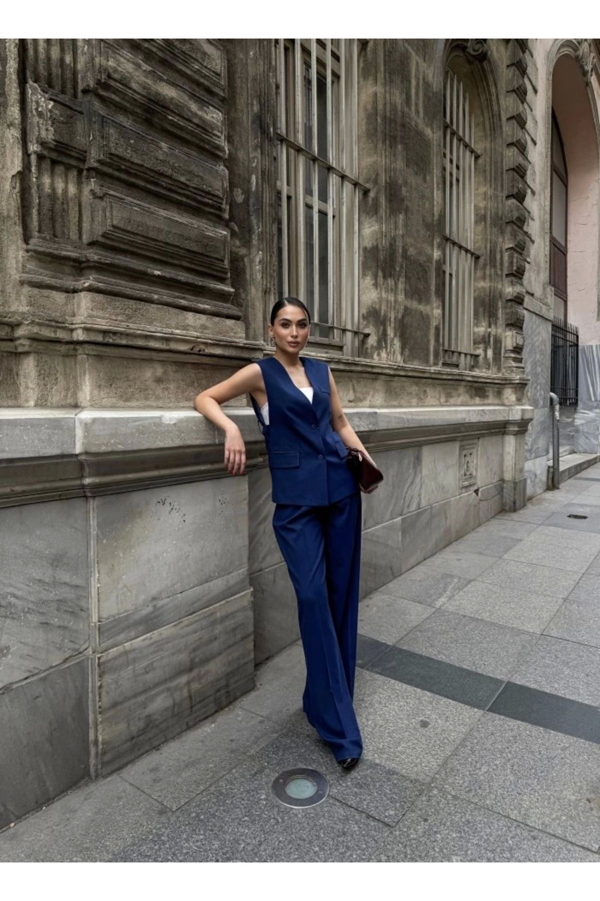 nedo7 Poly Viscose Arkasi Düğme Ve Kemer Detayli Yelek Pantolon Takim