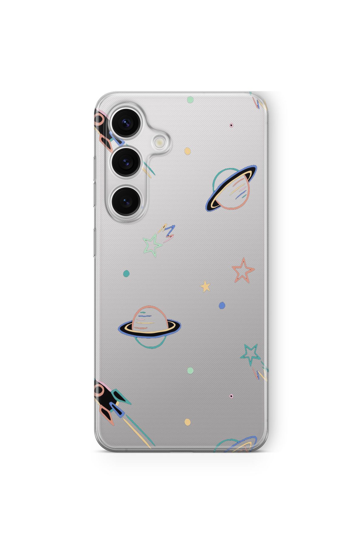 Space Star Samsung Galaxy S23 Fe Uyumlu Gezegen Tasarım Baskılı Şeffaf Kılıf